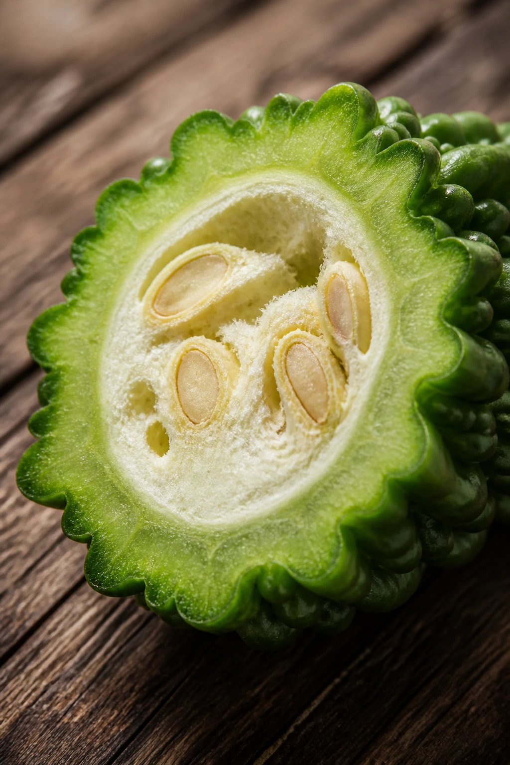 Is Bitter Melon Bad Or Good For Gout? Find Out Now! 2 Bitter Melon slice close-up on wooden surface for gout diet