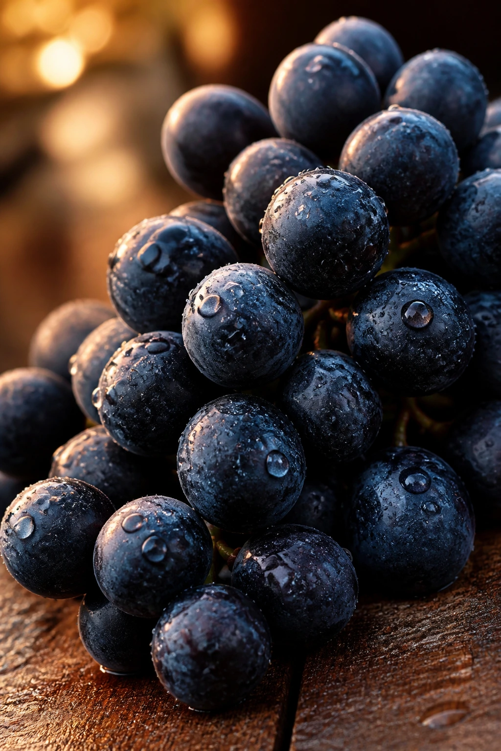 Dewy black grapes close-up on rustic table in evening light