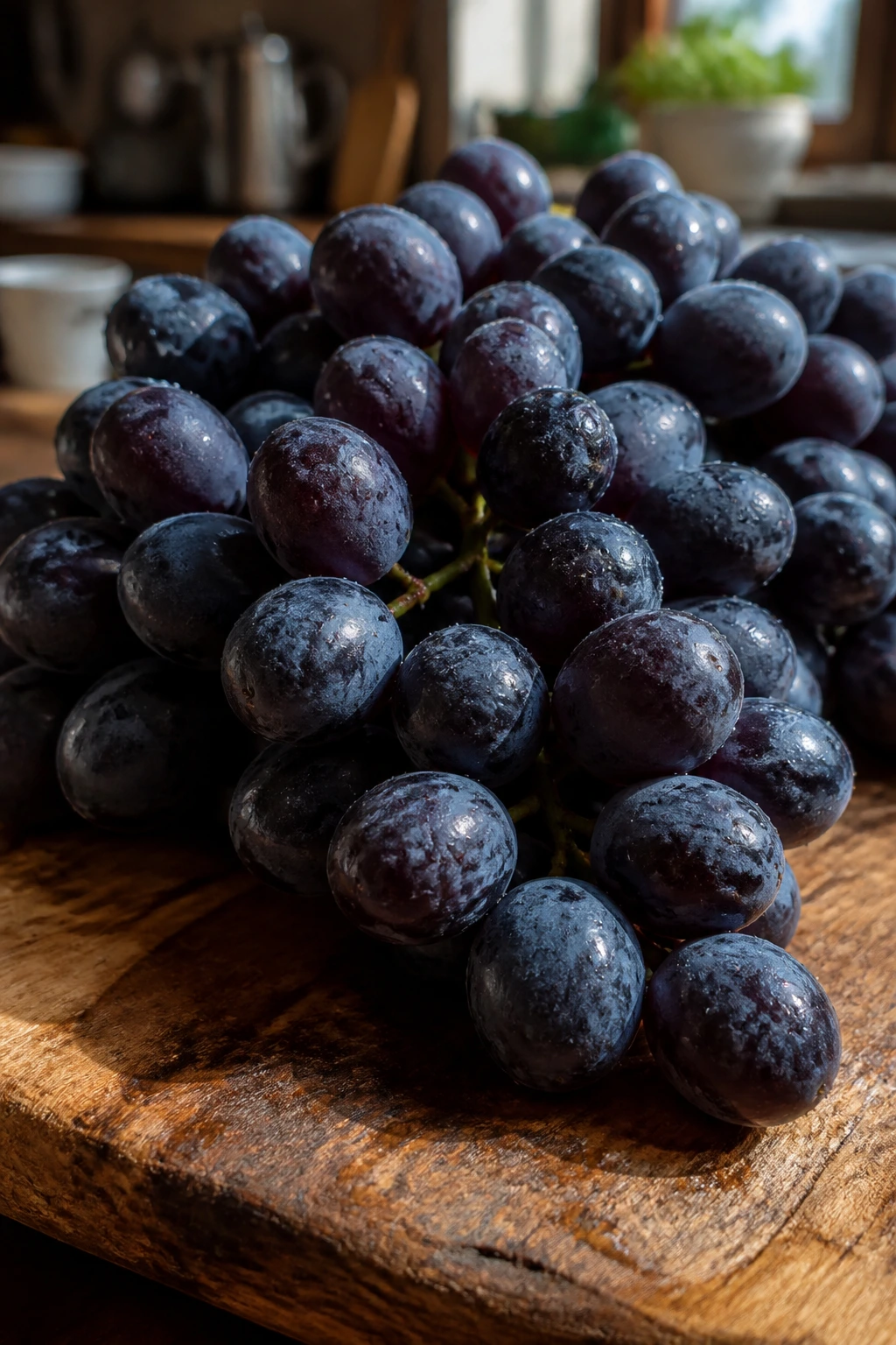 Close-up of glossy black grapes filling frame with dew on skins on a wooden kitchen surface