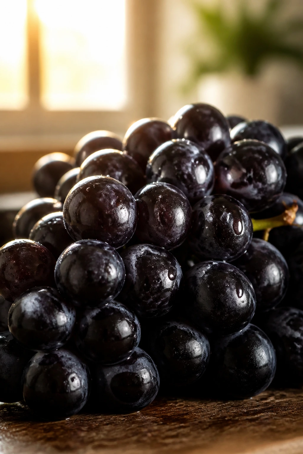 Close-up of black grapes with a soft glow from backlighting on a kitchen surface