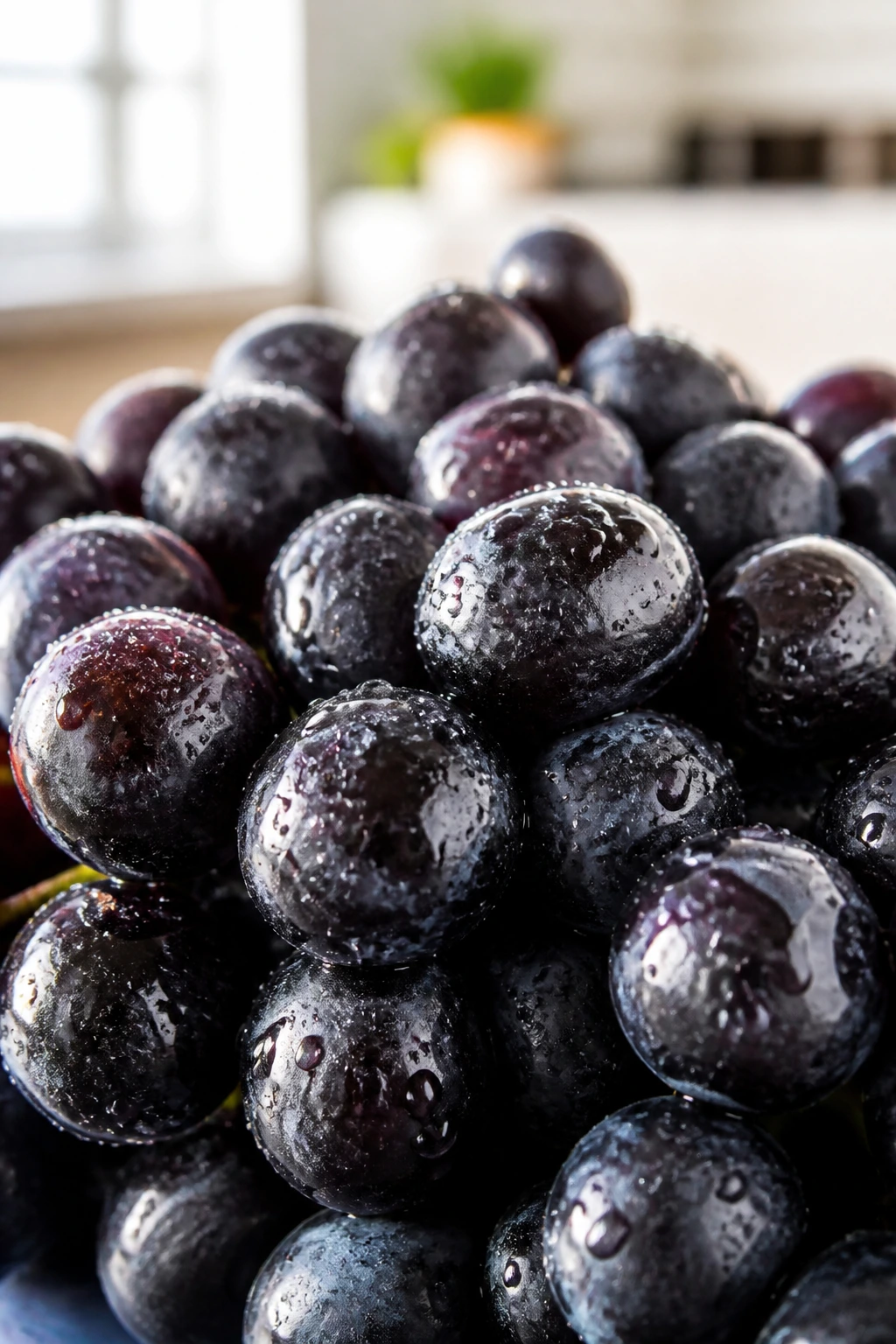 Water-beaded black grapes filling frame on bright kitchen surface
