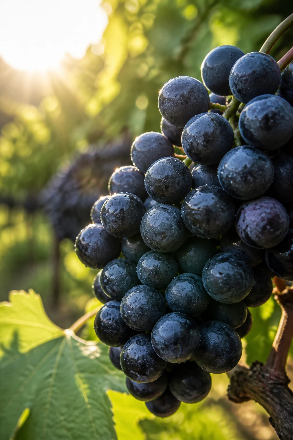 Sunlit black grapes filling frame in a garden setting
