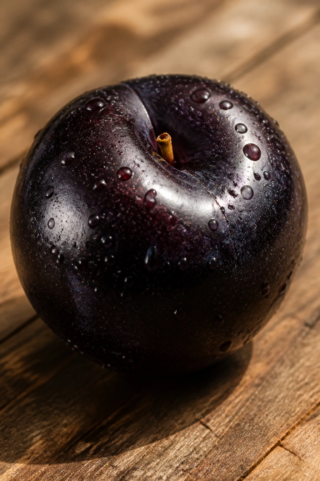Black Plum Vs Red Plum: What Is Really The Difference? 1 Close-up of a glossy black plum on a wooden counter.