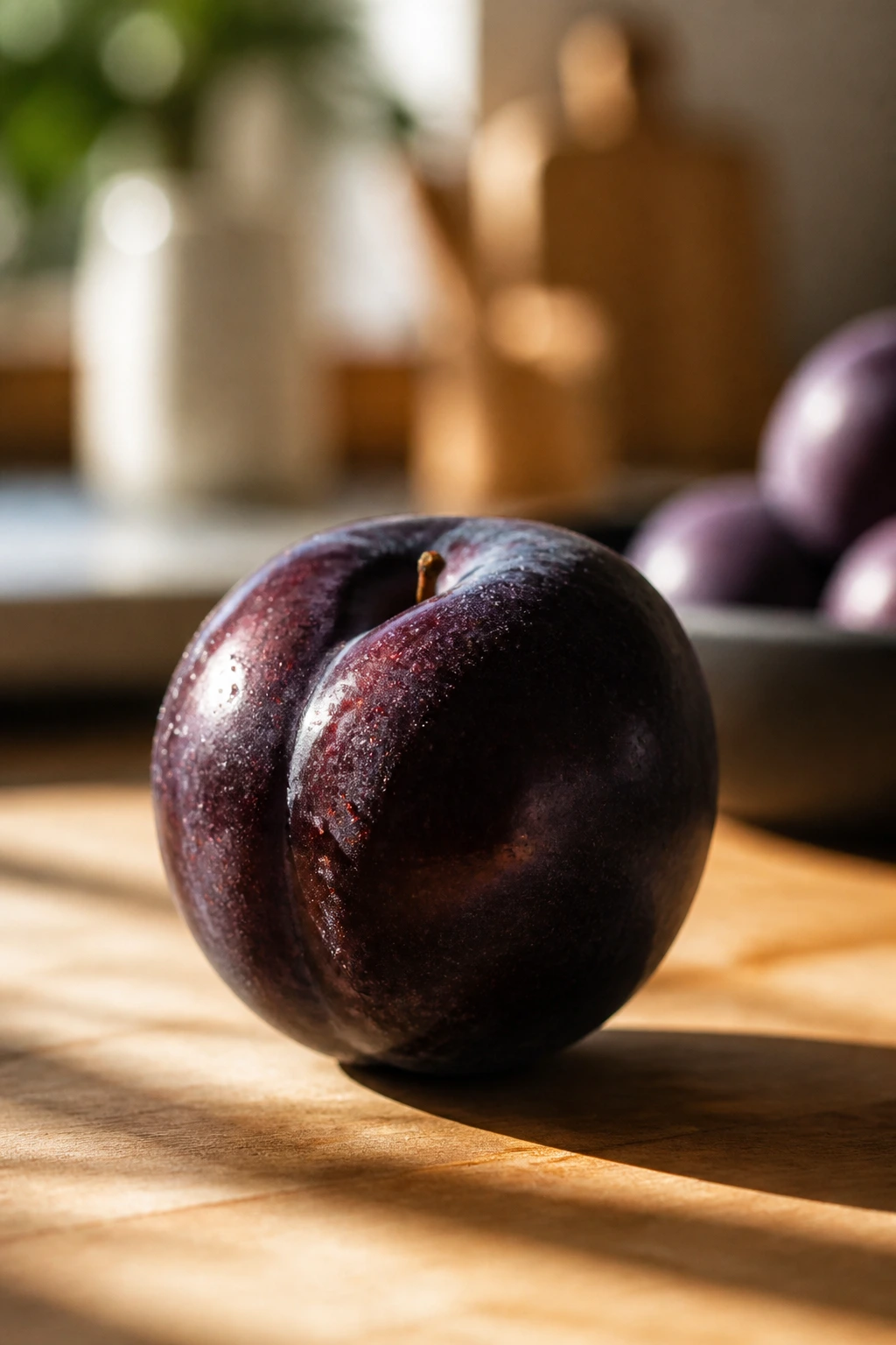 Black Plum Vs Red Plum: What Is Really The Difference? 3 Close-up of a black plum on a sunlit kitchen counter.