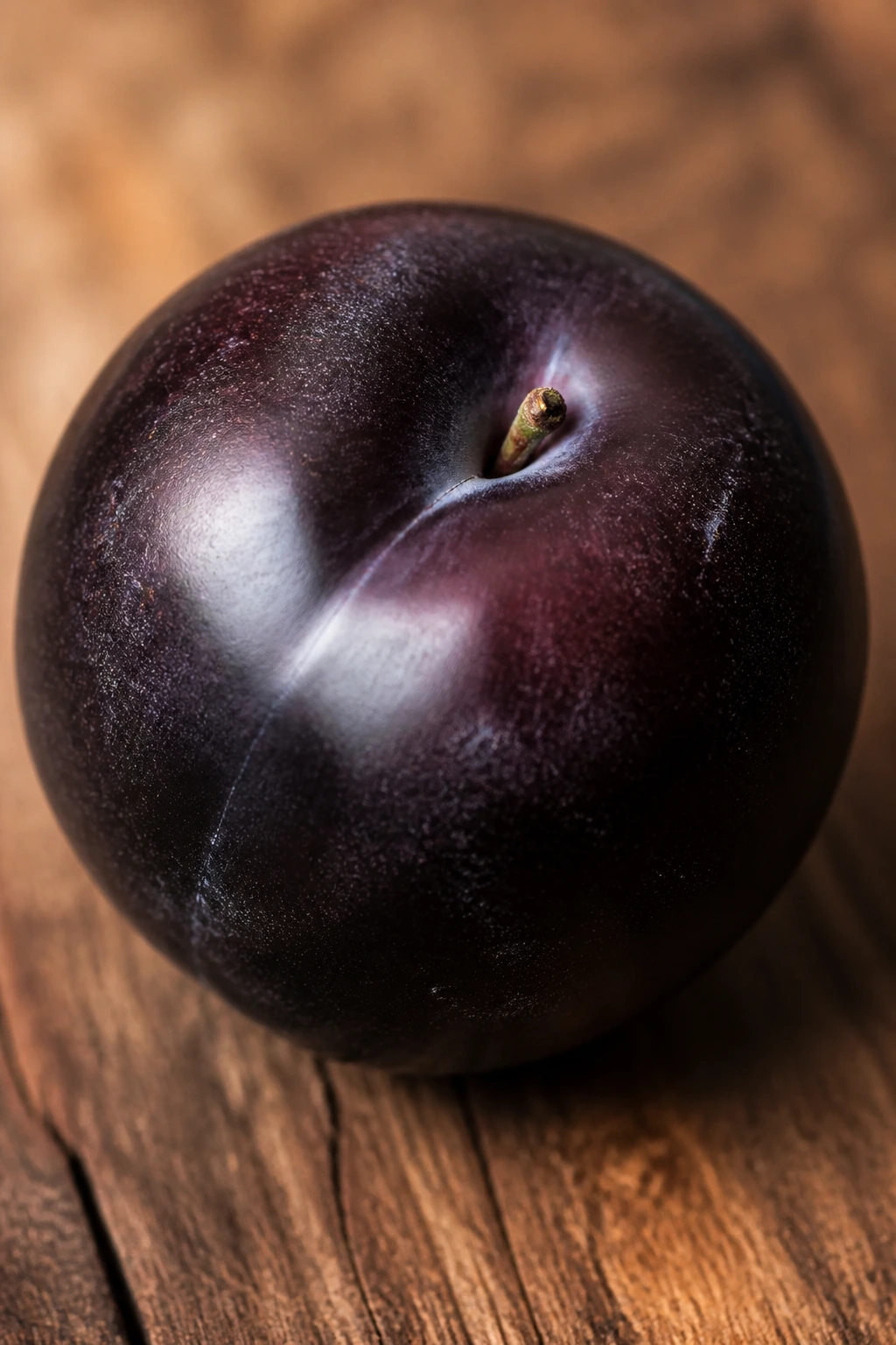 Black Plum Vs Red Plum: What Is Really The Difference? 4 Close-up of a deep purple-black plum on a wooden surface.