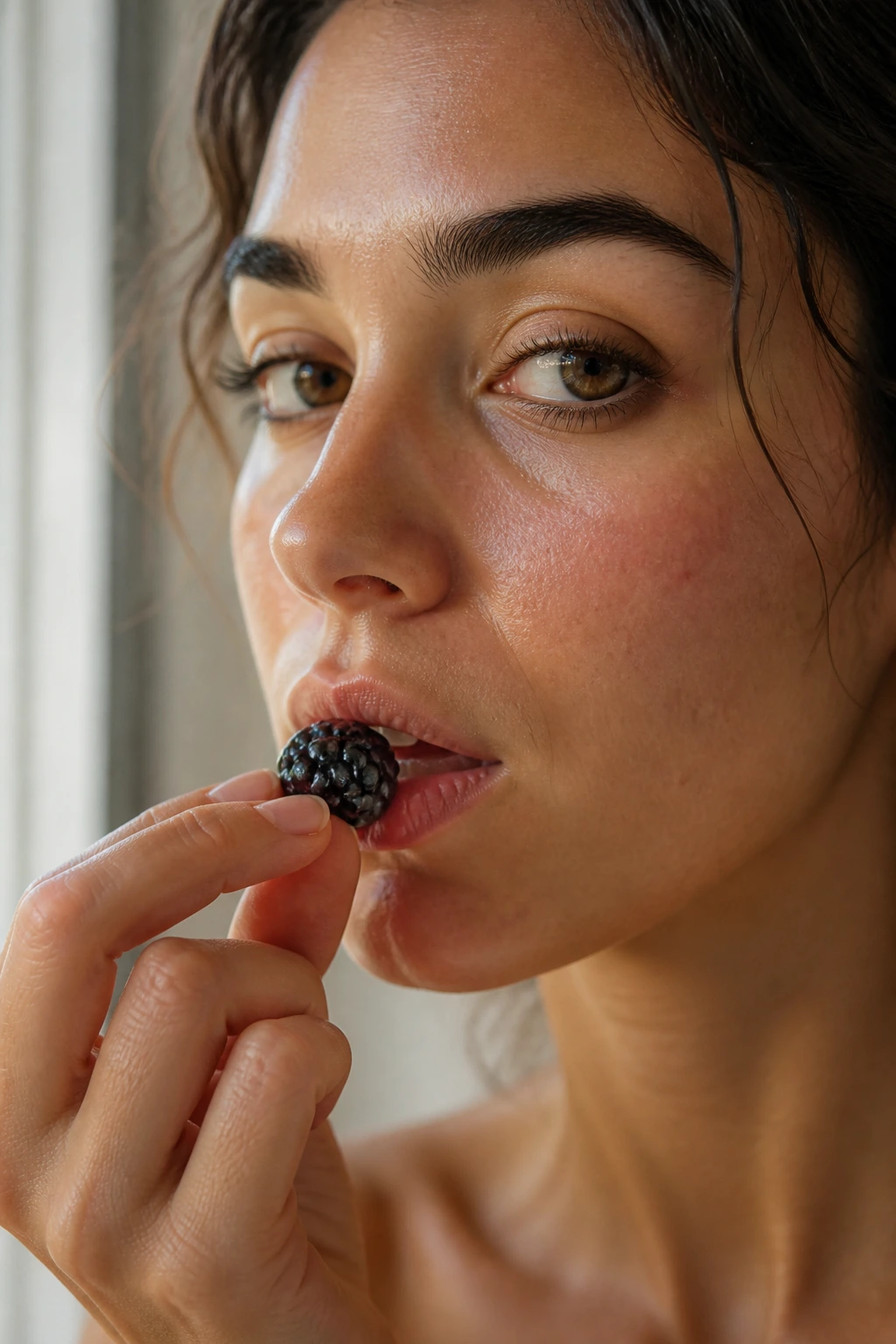 Close-up of a real person's lips about to bite into a blackberry