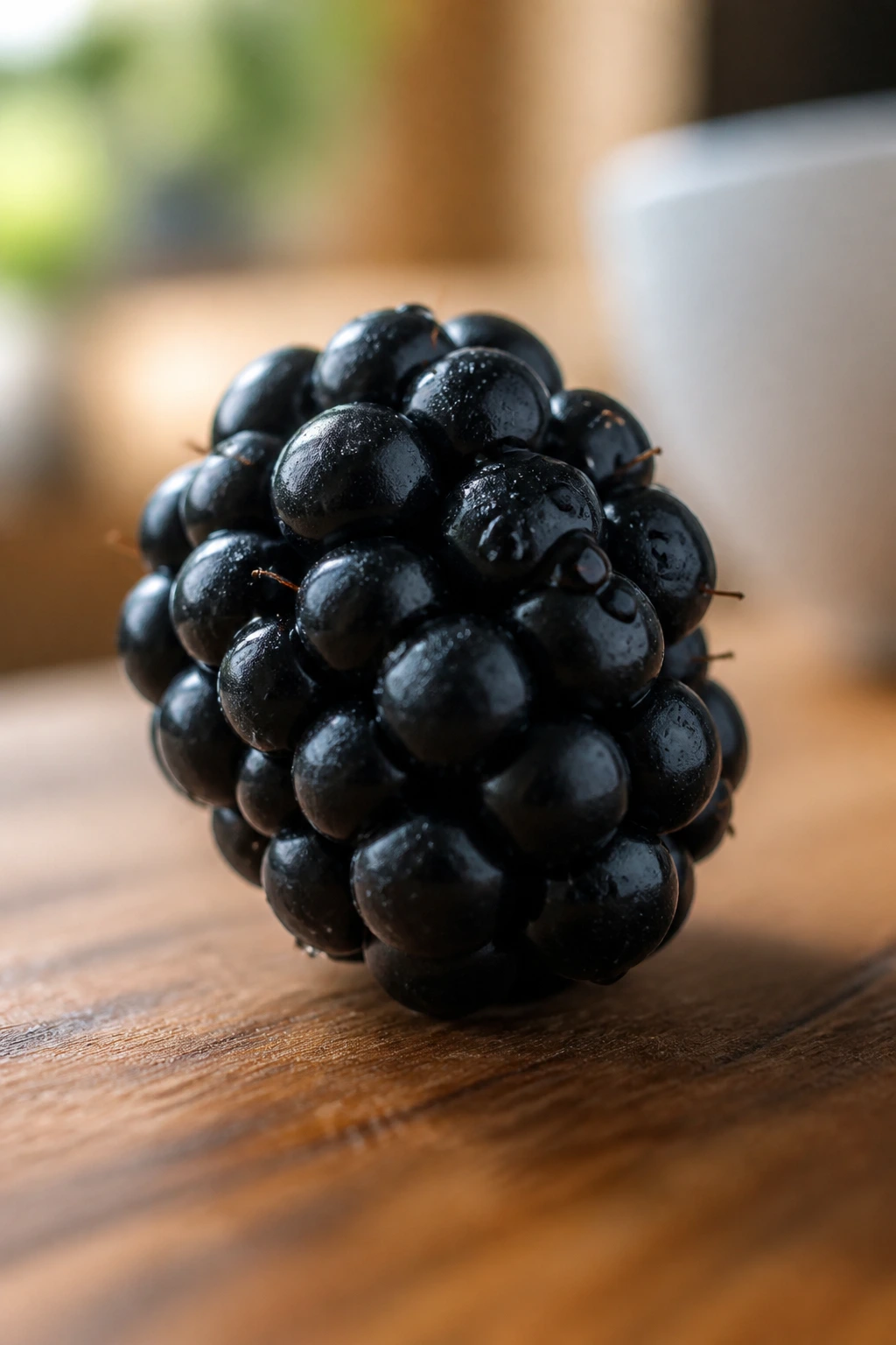 Are Blackberries Safe During Pregnancy? Is It Really Safe? 4 Close-up of a blackberry with a warm kitchen backdrop, hinting mindful eating