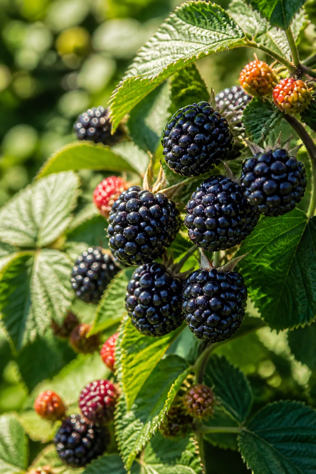 Blackberry plant filling frame in a garden, suggesting questions about sun needs