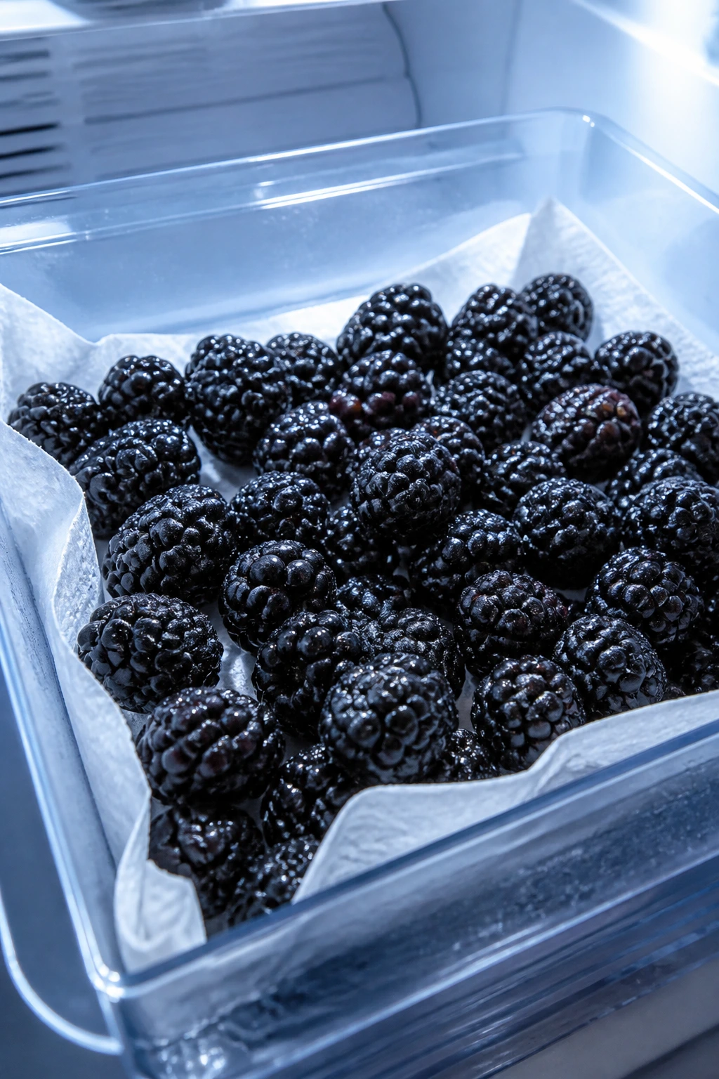 How Long Do Blackberries Last In The Fridge? 1 Close-up of blackberries in a fridge crisper on a paper-towel-lined tray.