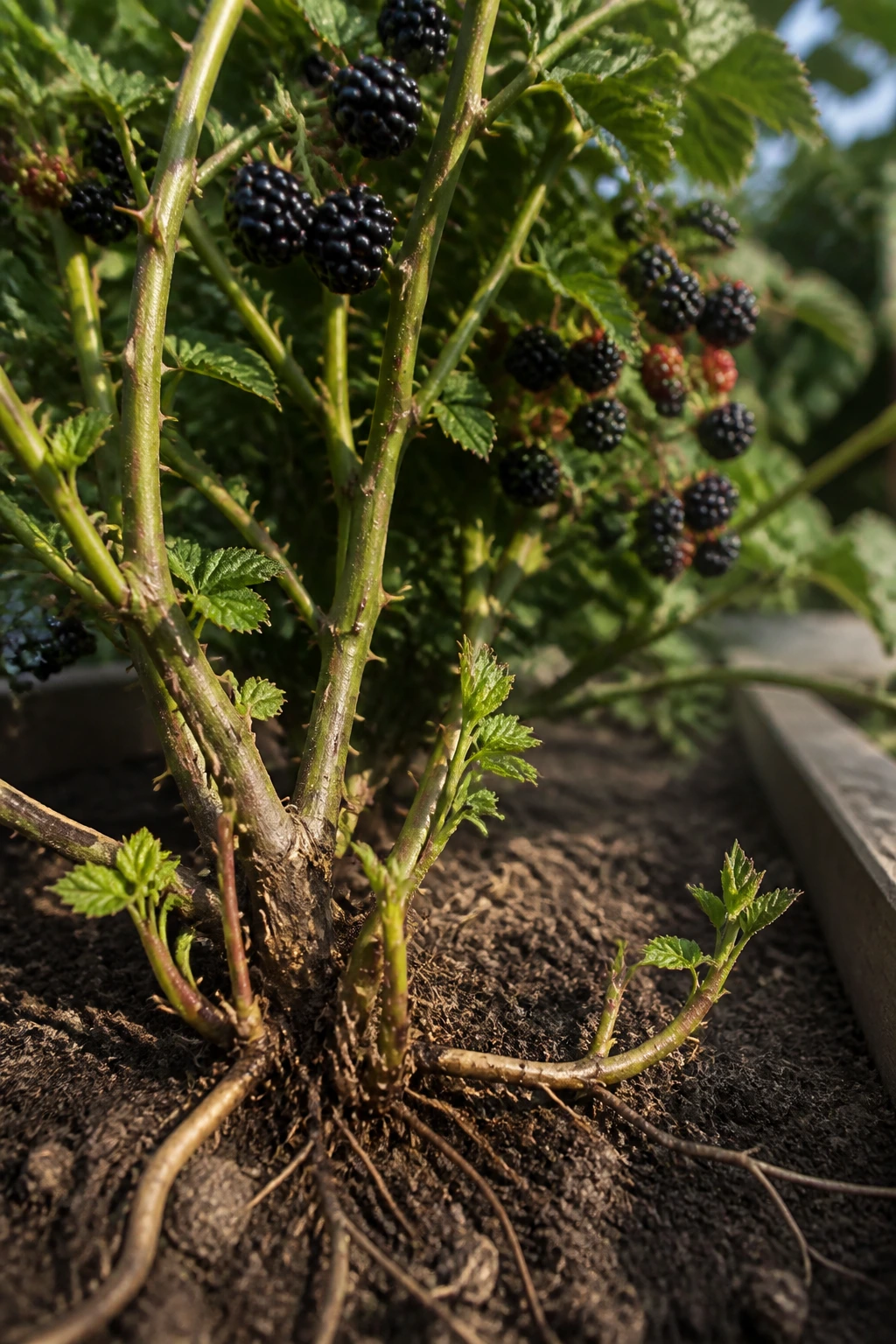 How to Keep Blackberries from Spreading for Easy Harvest 1 Close-up of blackberry plant with thorny canes and base roots in a garden bed
