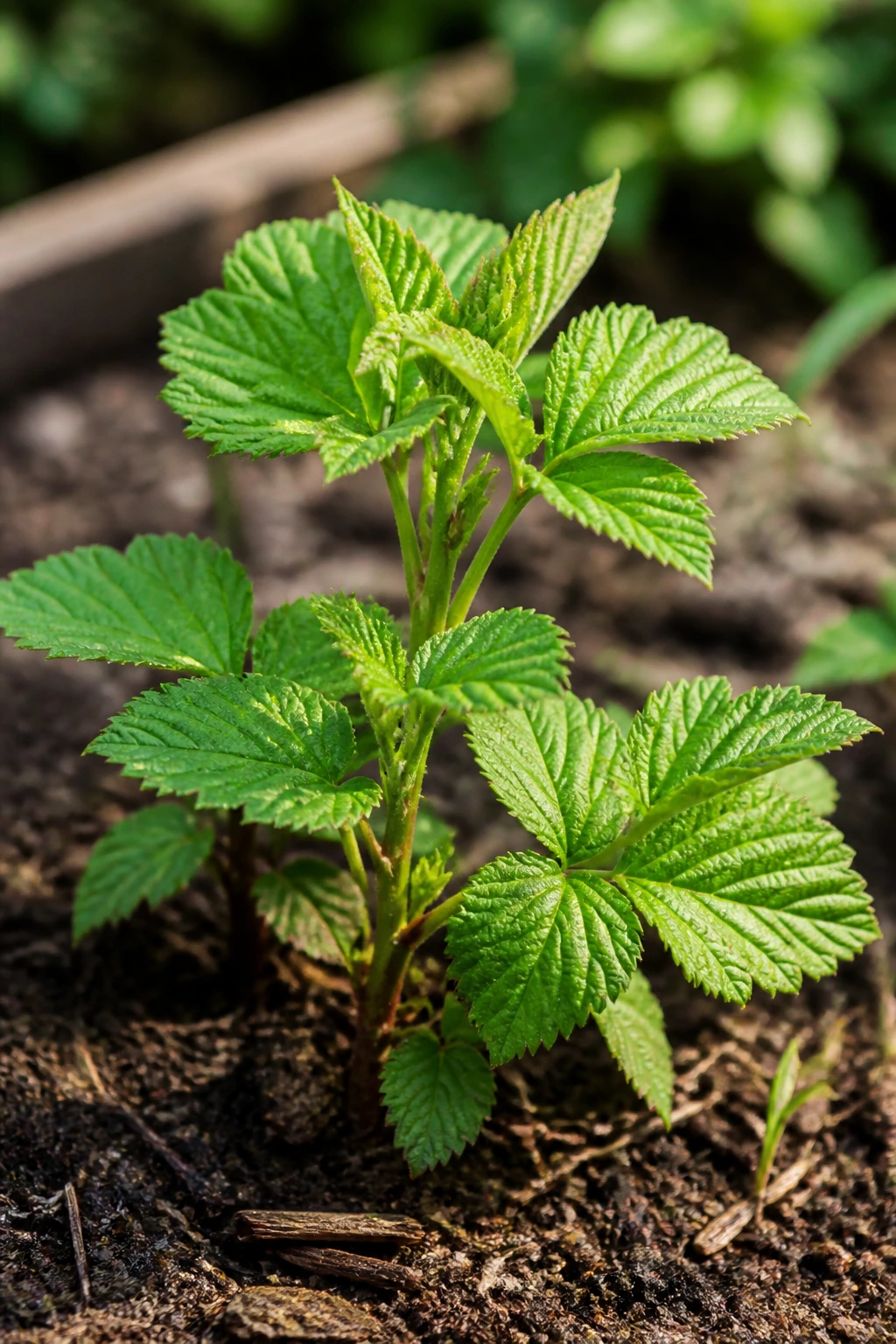 Close-up of blackberry plant showing new growth in a garden