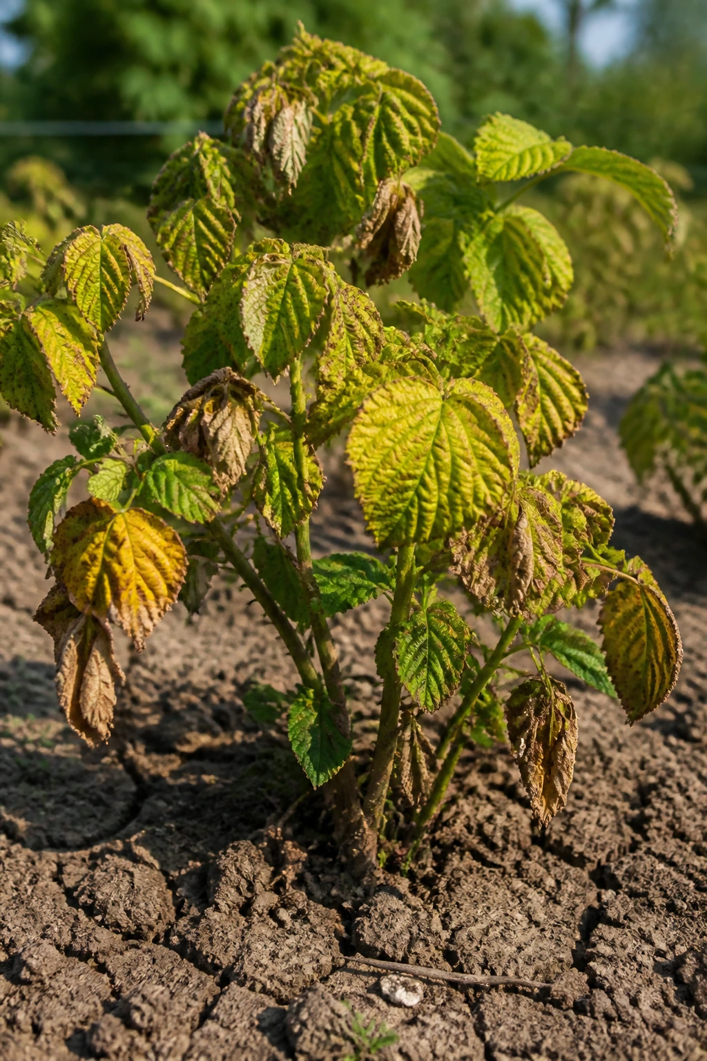 Blackberry plant with yellow leaves and wilt indicating improper watering