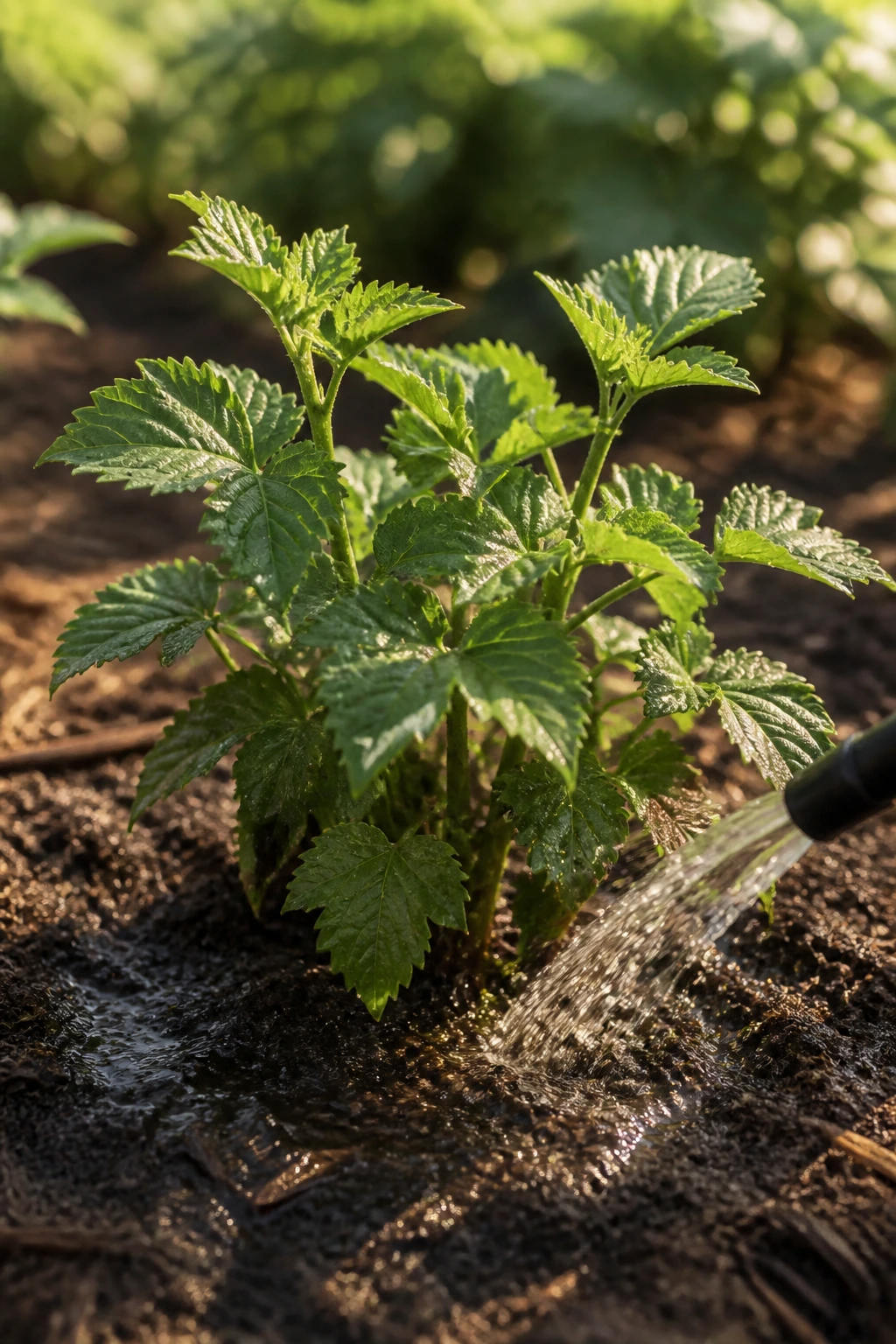 Healthy blackberry plant with damp soil showing proper watering