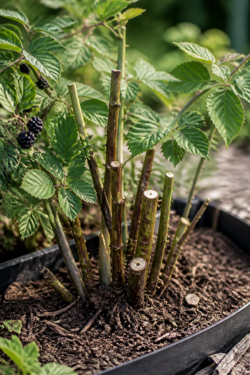 How to Keep Blackberries from Spreading for Easy Harvest 3 Blackberry plant with canes trimmed to different heights illustrating pruning steps