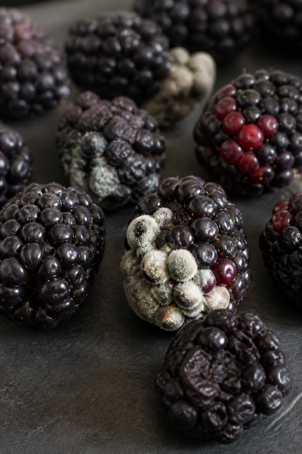 How Long Do Blackberries Last In The Fridge? 3 Close-up of moldy and wrinkled blackberries indicating spoilage.