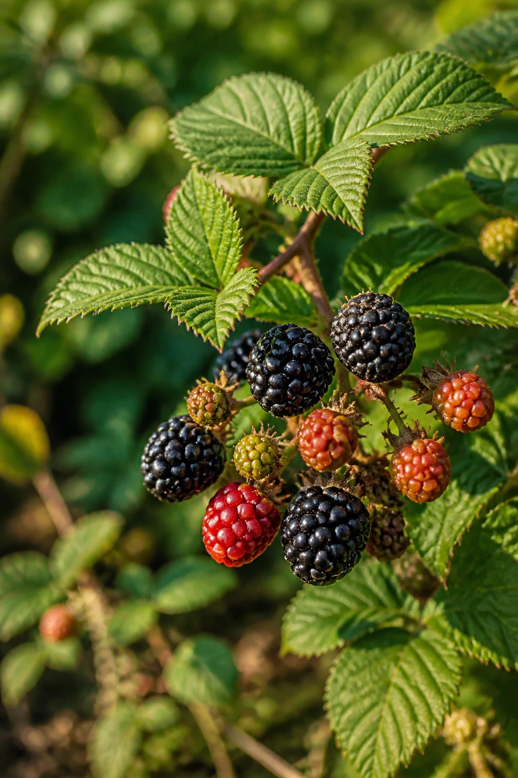 Close-up of blackberry berries on a cane in a spring garden.