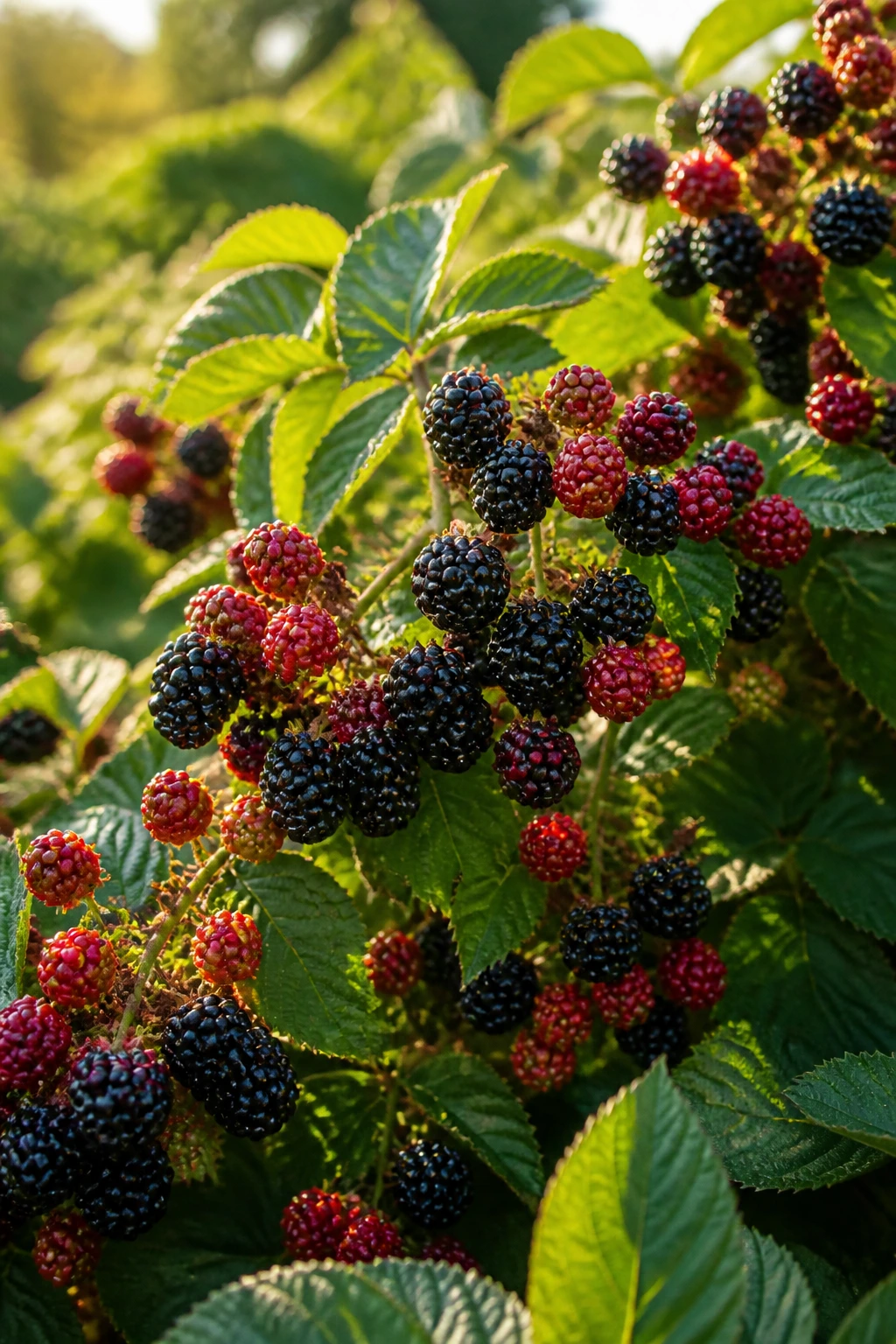 Abundant blackberries on a sunlit plant