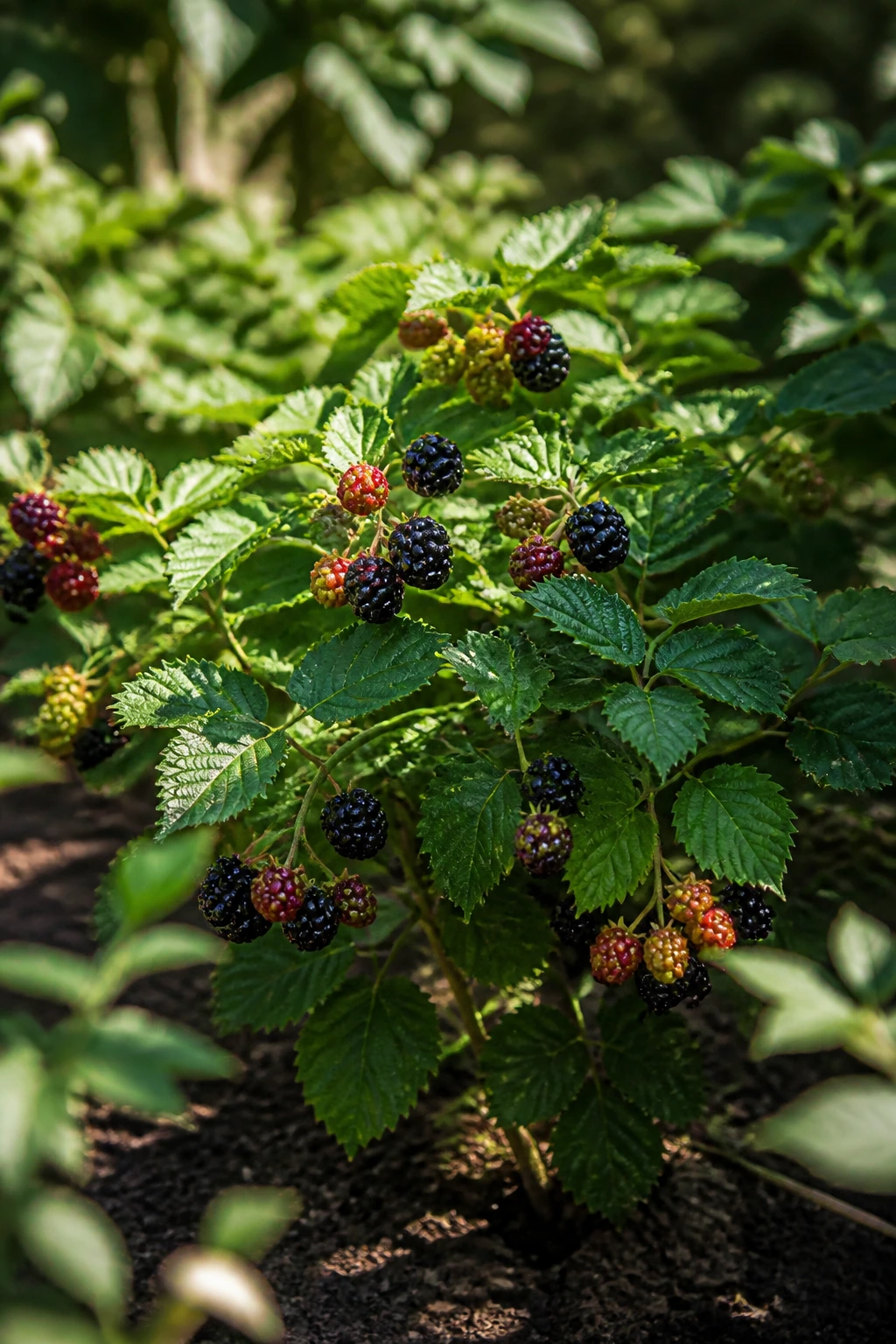 Blackberry plant in sun-dappled light showing sun and shade areas