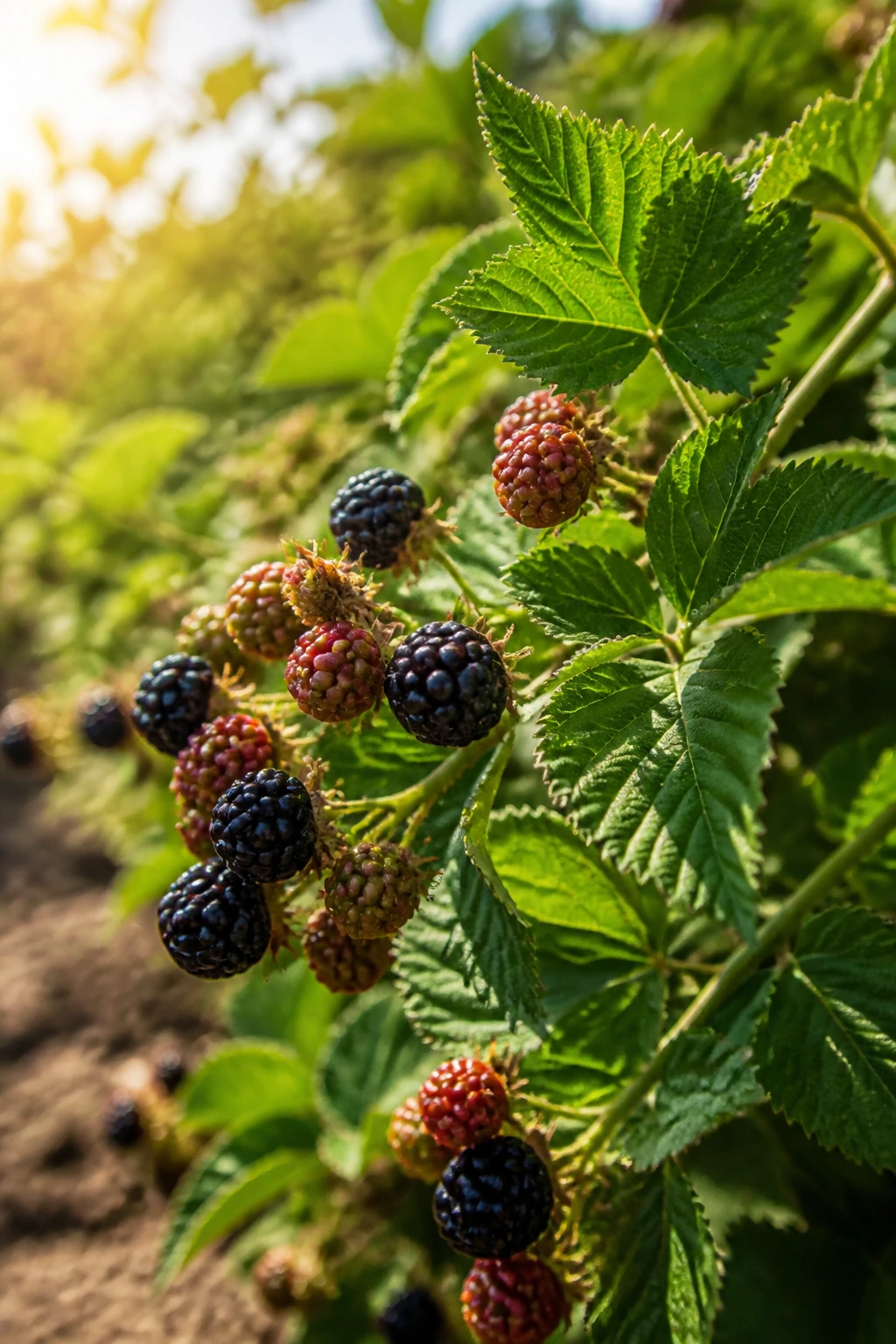 Blackberry plant in direct sunlight highlighting leaves and developing berries