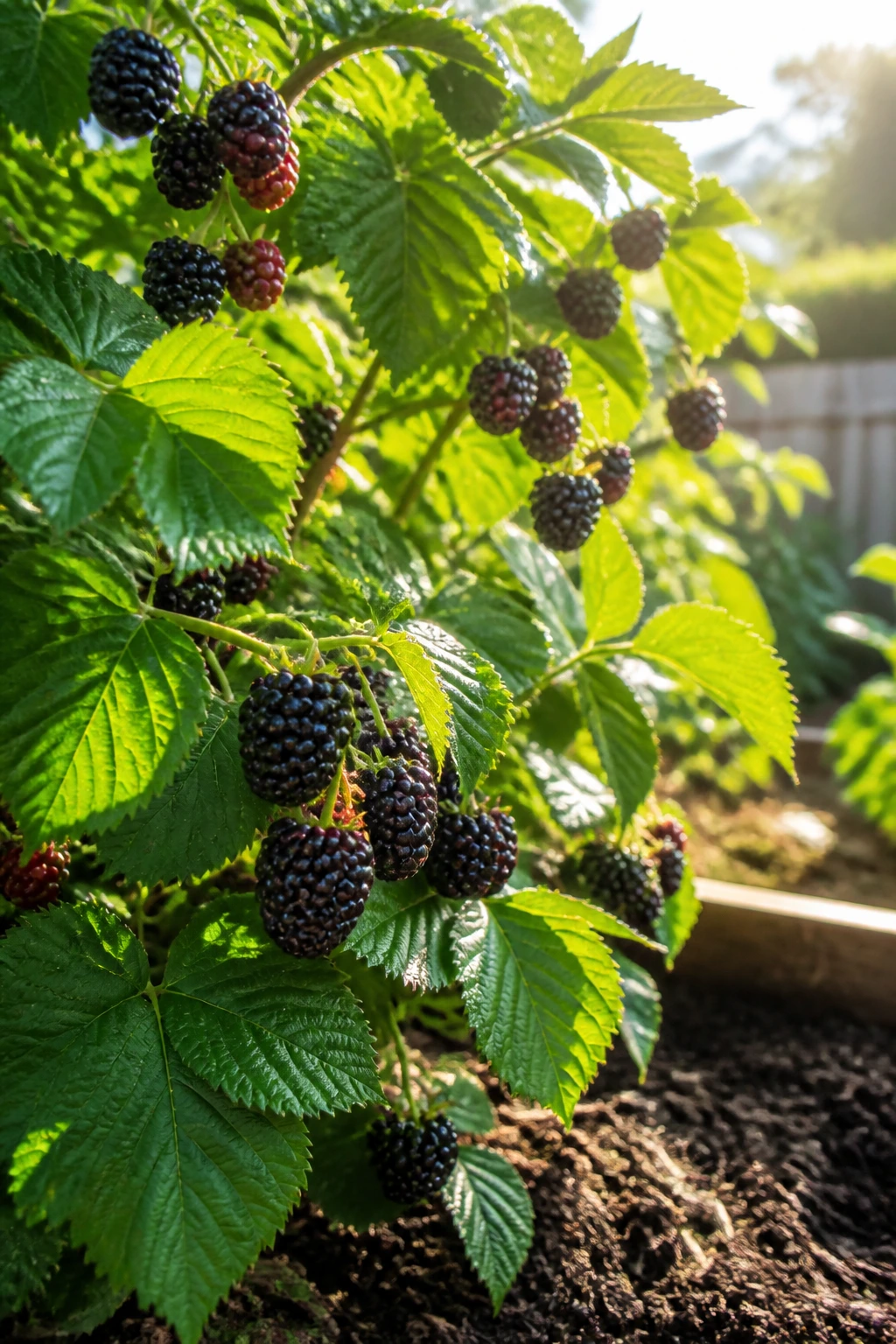 Close-up of blackberry plant in bright sun showing leaves and berries
