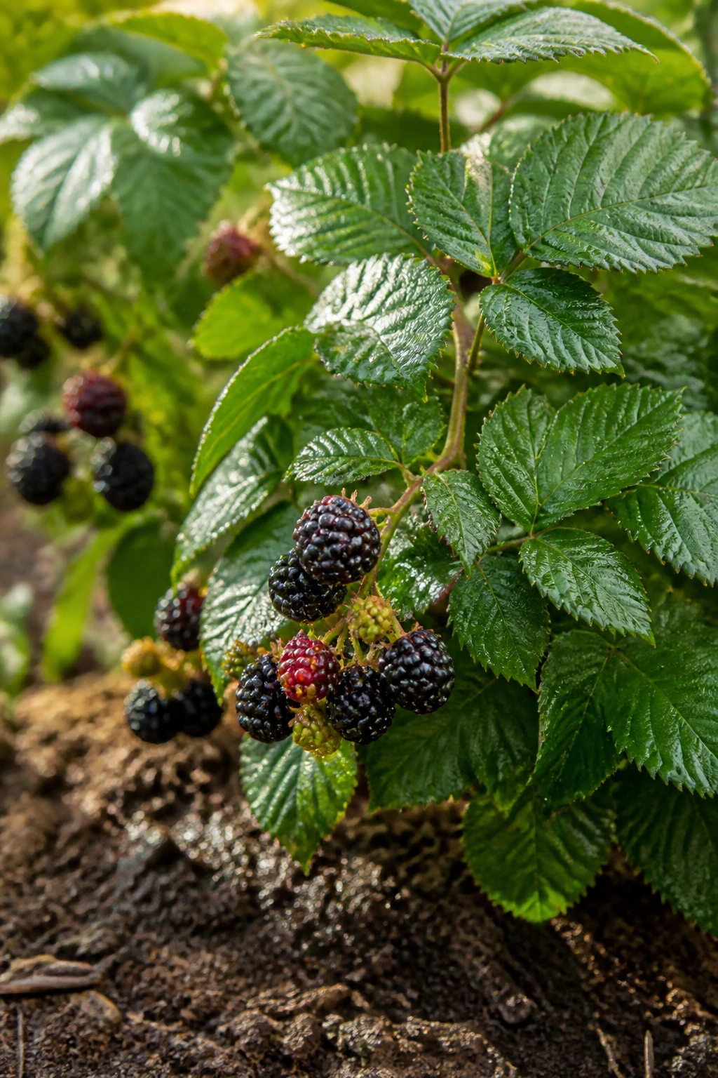 Close-up of blackberry plant with moist soil and glossy leaves indicating proper watering
