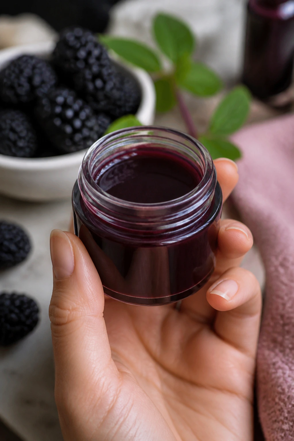 Close-up of hand holding a jar of blackberry extract for skincare