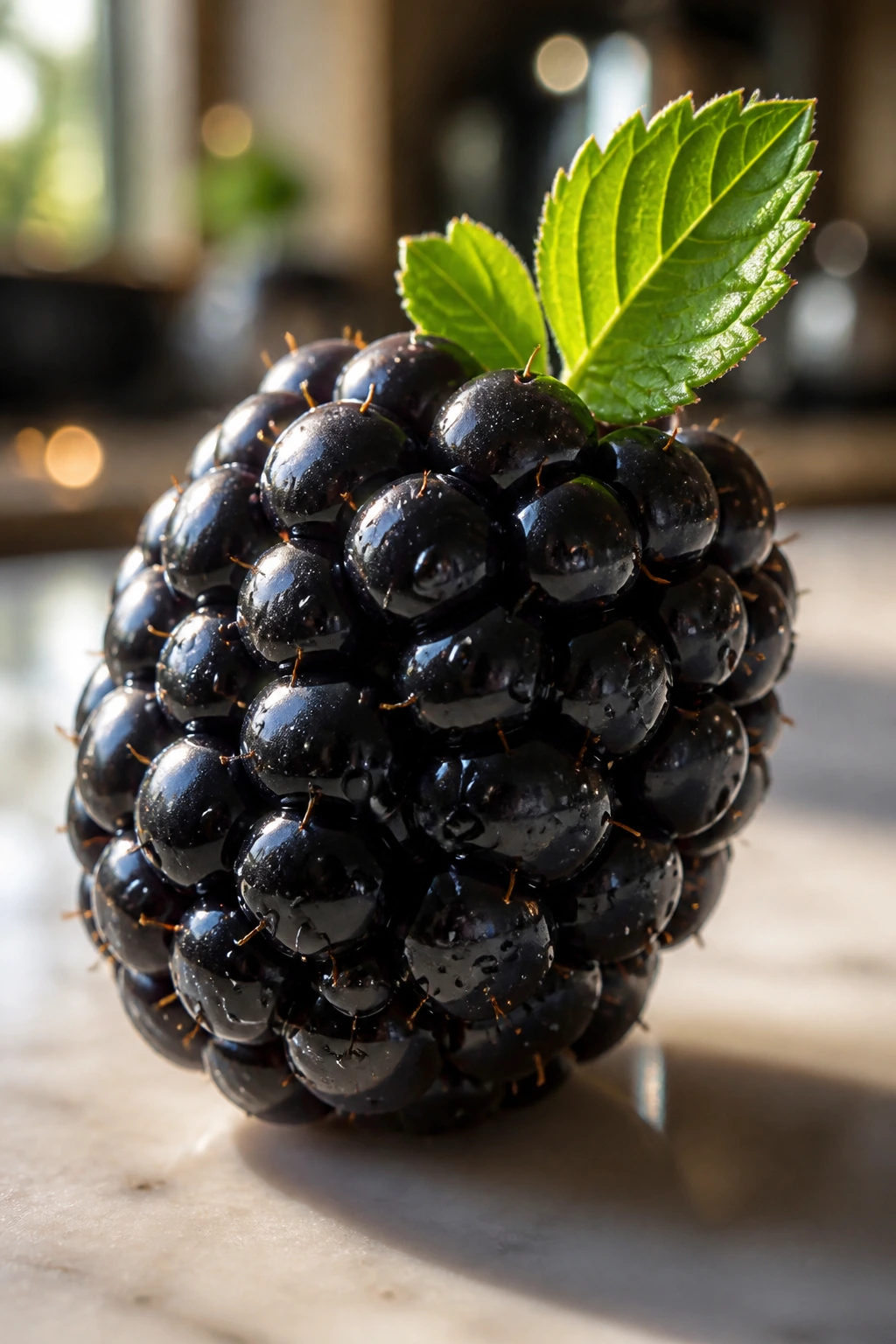 Are Blackberries Acidic Or Alkaline? All You Need To Know 3 Single blackberry with leaf in sunlit kitchen.