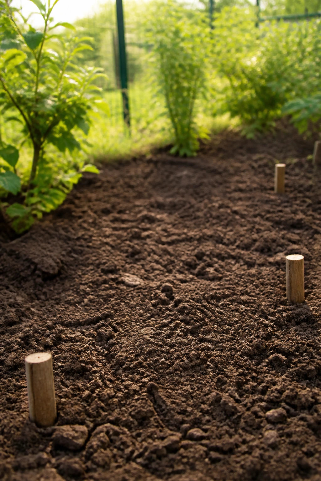 Sunlit garden bed prepared for blackberry planting