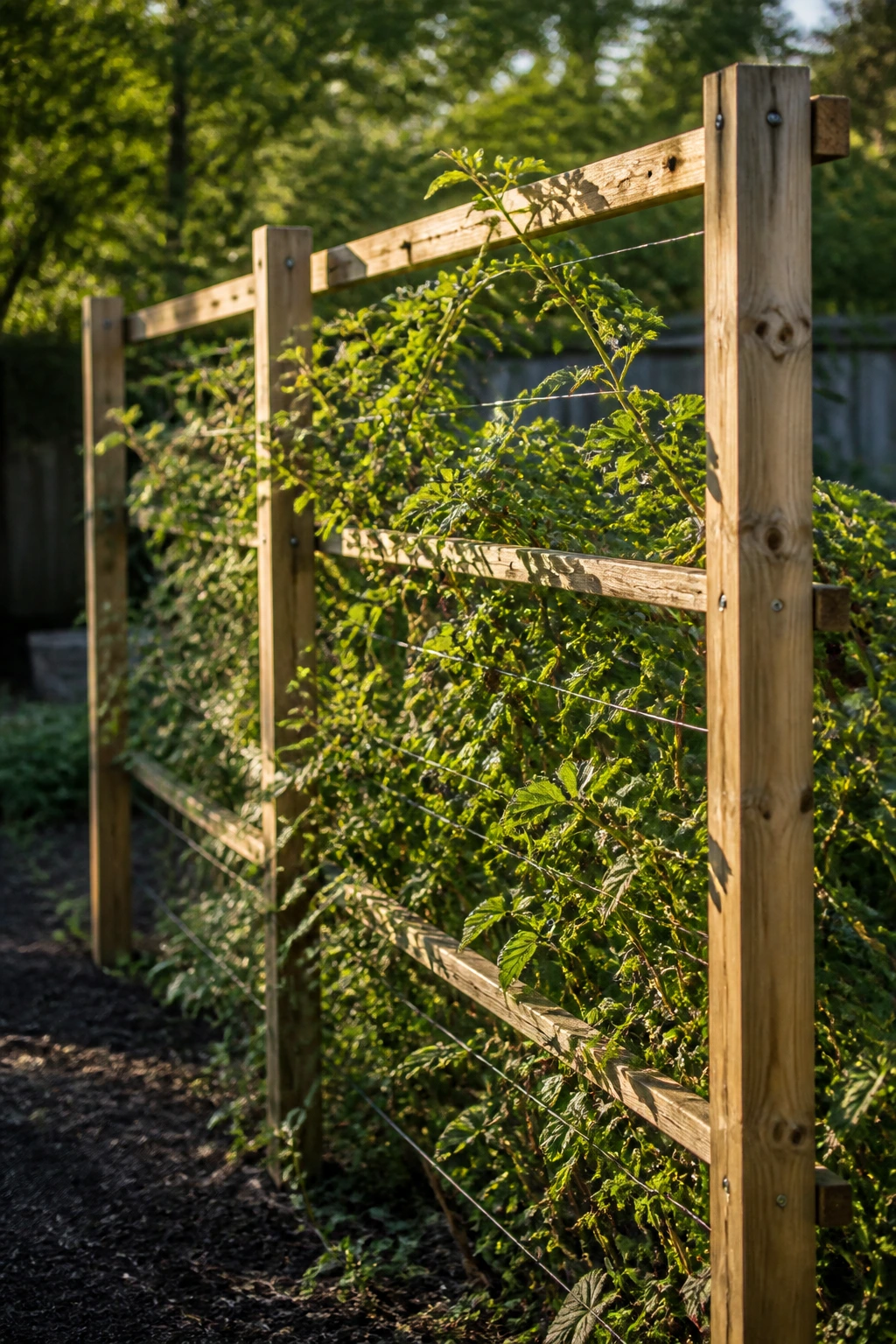 Close-up of a finished blackberry trellis with thriving canes in a sunlit backyard
