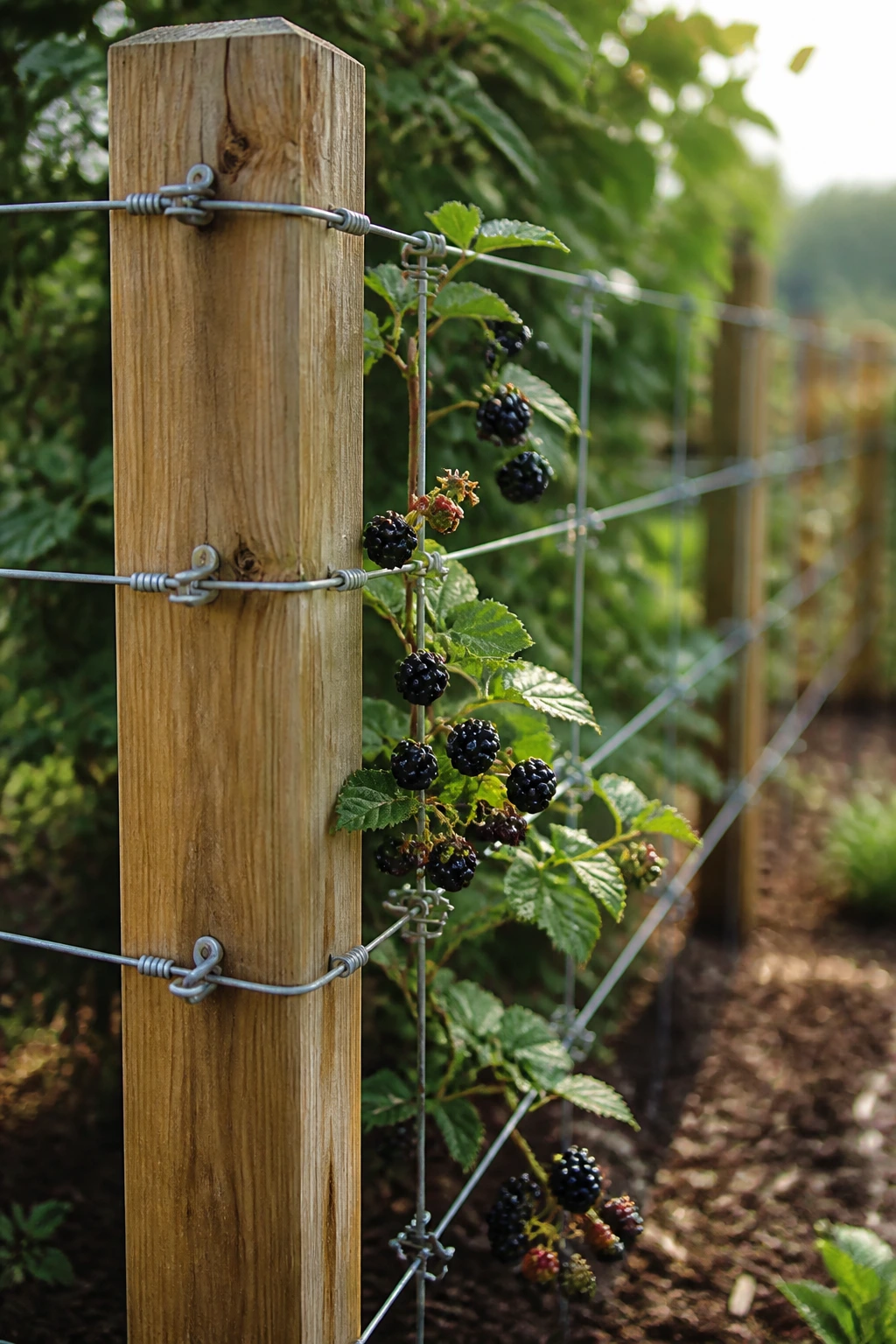 Close-up of a wooden post blackberry trellis with wire in a garden setting