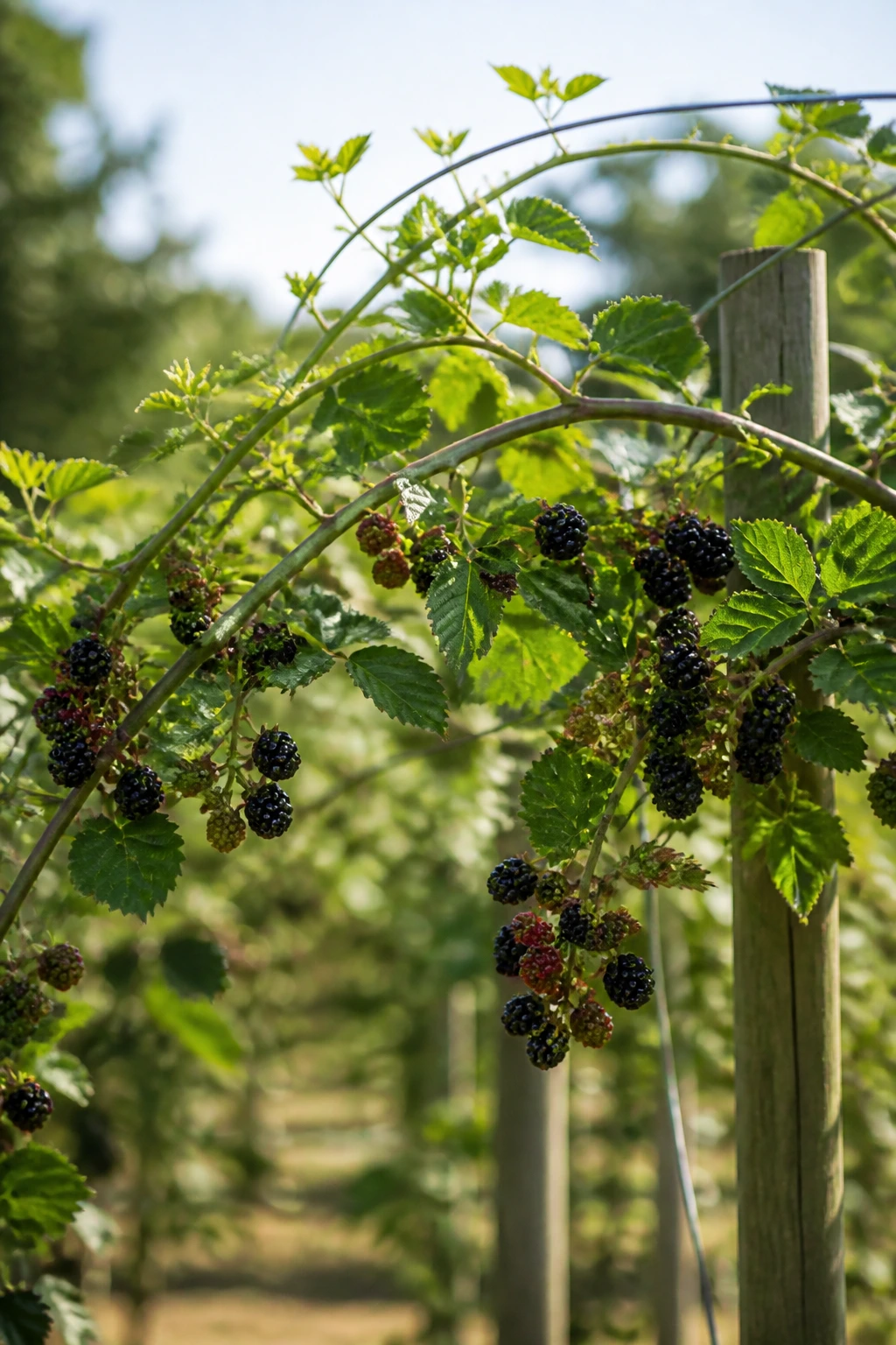 Healthy blackberry canes growing on a trellis