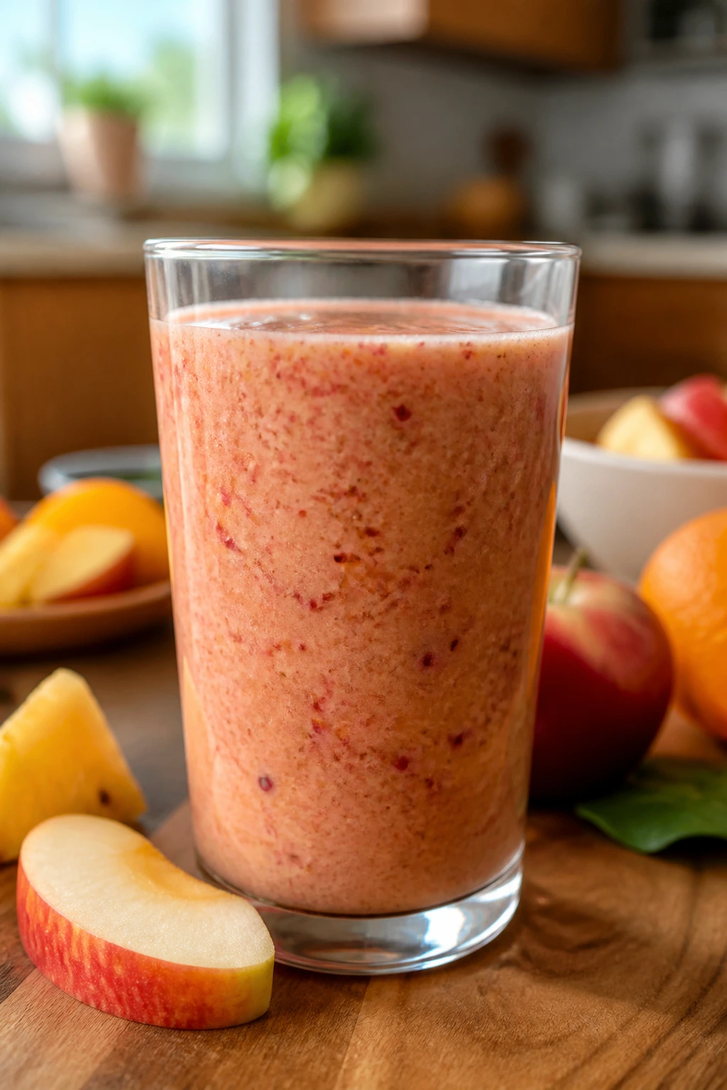 Smoothie showing fruit skin fibers in a glass.