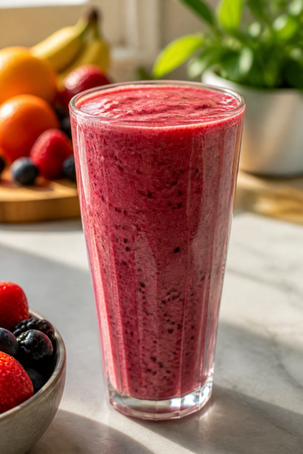 Thick blended fruit smoothie with visible texture in a glass.