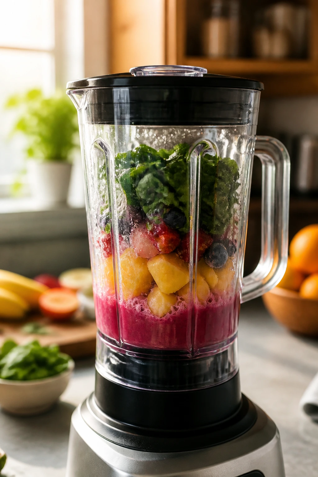 Close-up of a blender jar with colorful juice on a kitchen counter