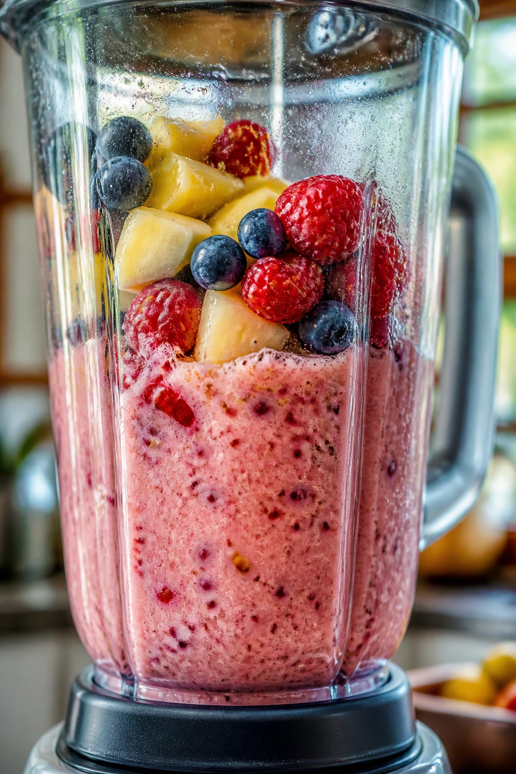 Does Blending Fruit Destroy Nutrients? Find Out Now! 8 Close-up of a blender jar with colorful fruit pieces mid-blend