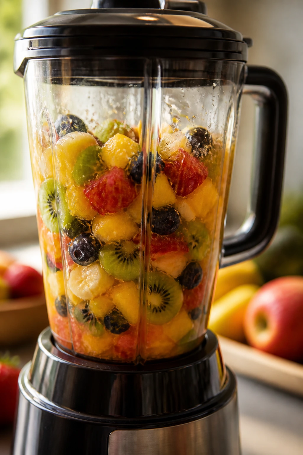 Blender jar filled with colorful fruit chunks during blending on a kitchen counter.