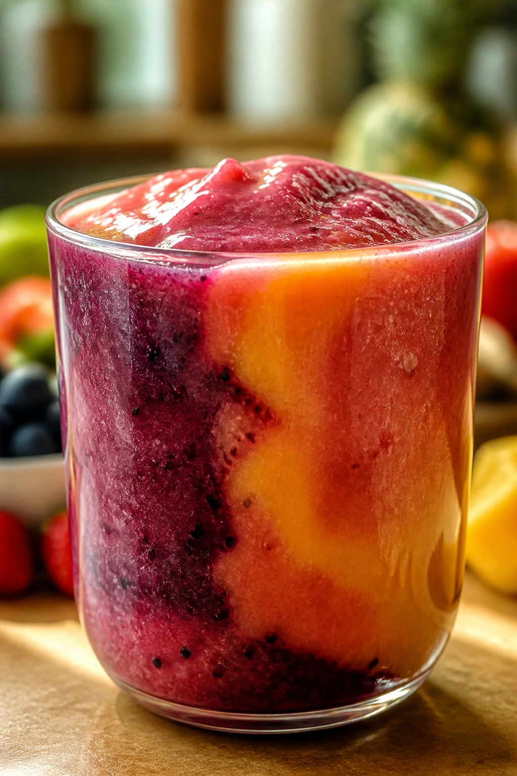 Does Blending Fruit Destroy Nutrients? Find Out Now! 2 Close-up of a vibrant blended fruit smoothie filling the frame
