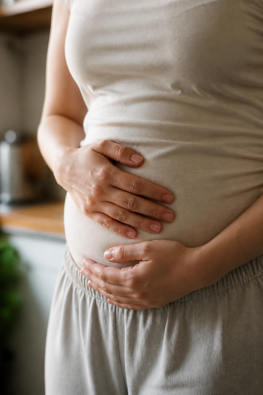 Gut Reactions: Does Eating Mango Cause Bloating? 1 Close-up of a midsection with mild abdominal bloating in a cozy kitchen