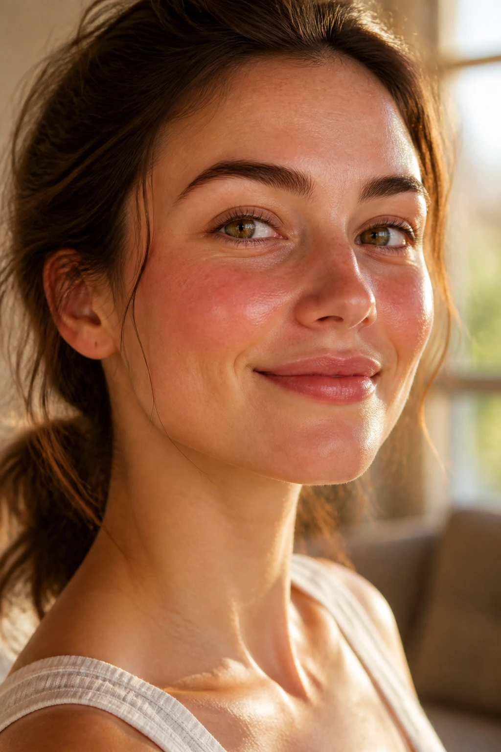 Close-up of a real woman with rosy cheeks and glowing skin, depicting boosted blood flow