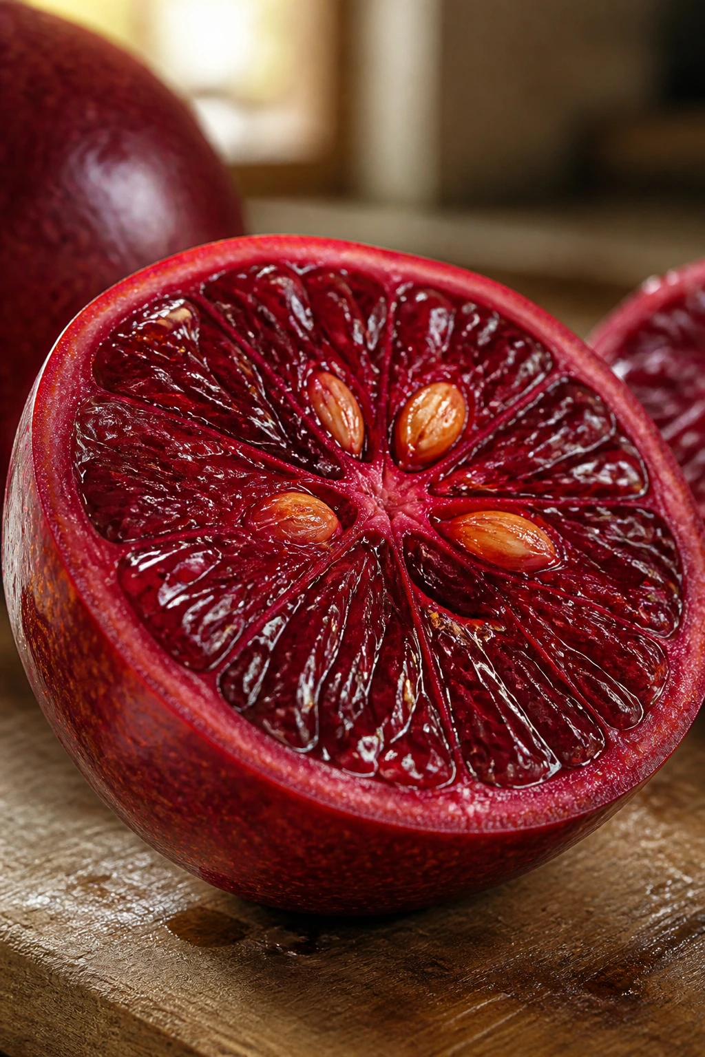 Close-up of Blood Fruit half showing red flesh on a wooden cutting board