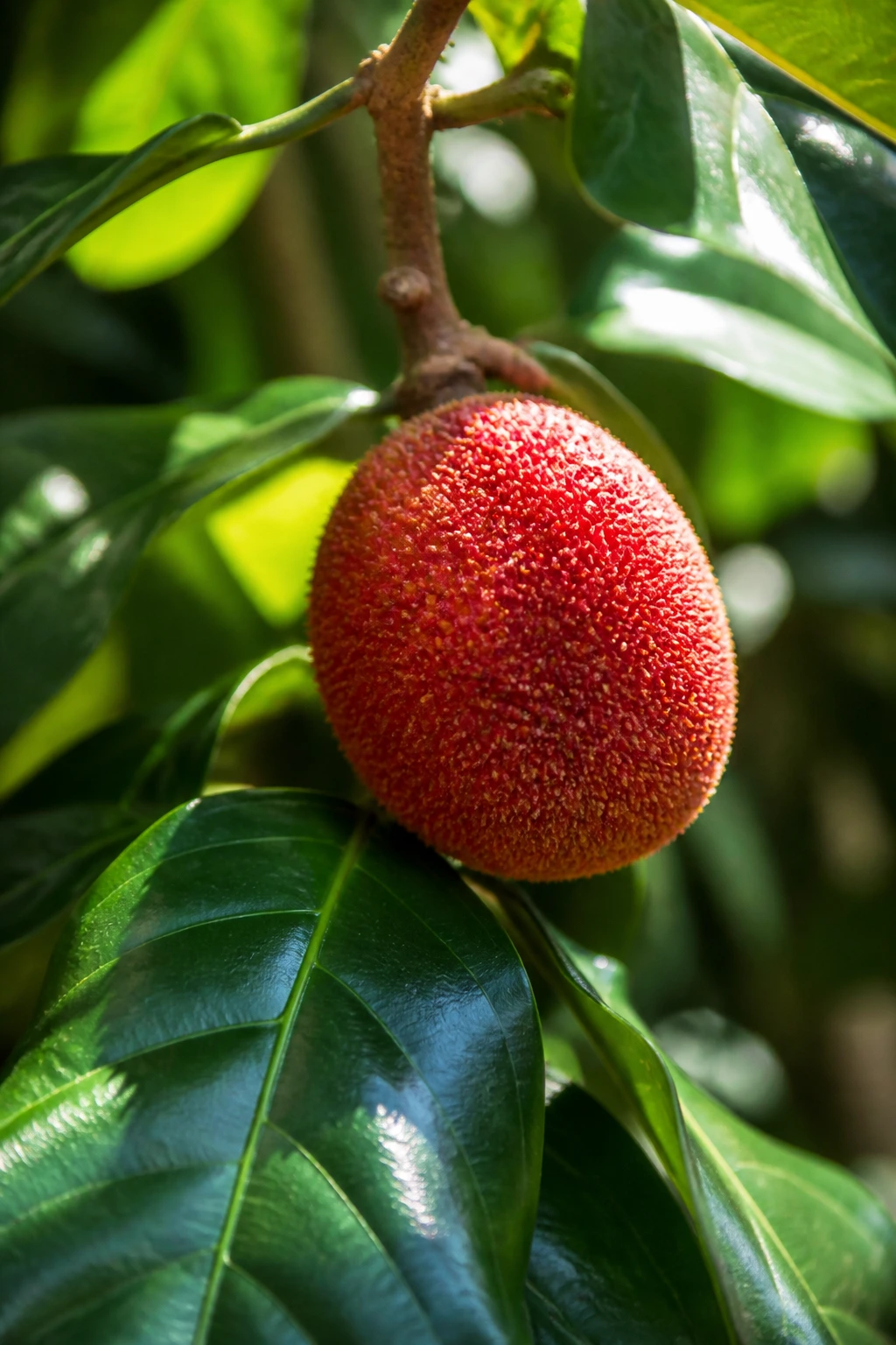 Blood Fruit on a sunny branch with green leaves