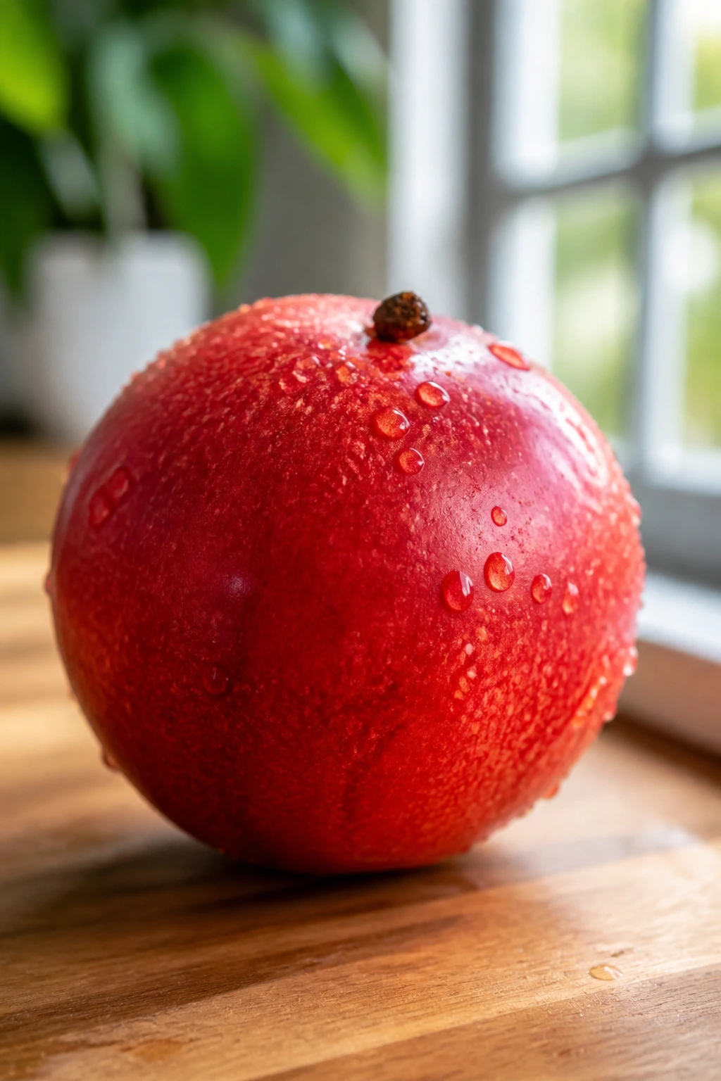 Blood Fruit resting on a wooden kitchen counter