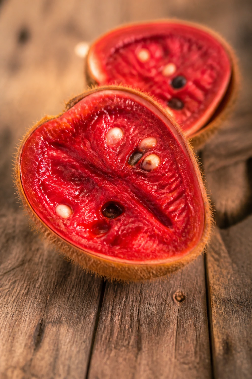 Cross-section of Blood Fruit showing red flesh