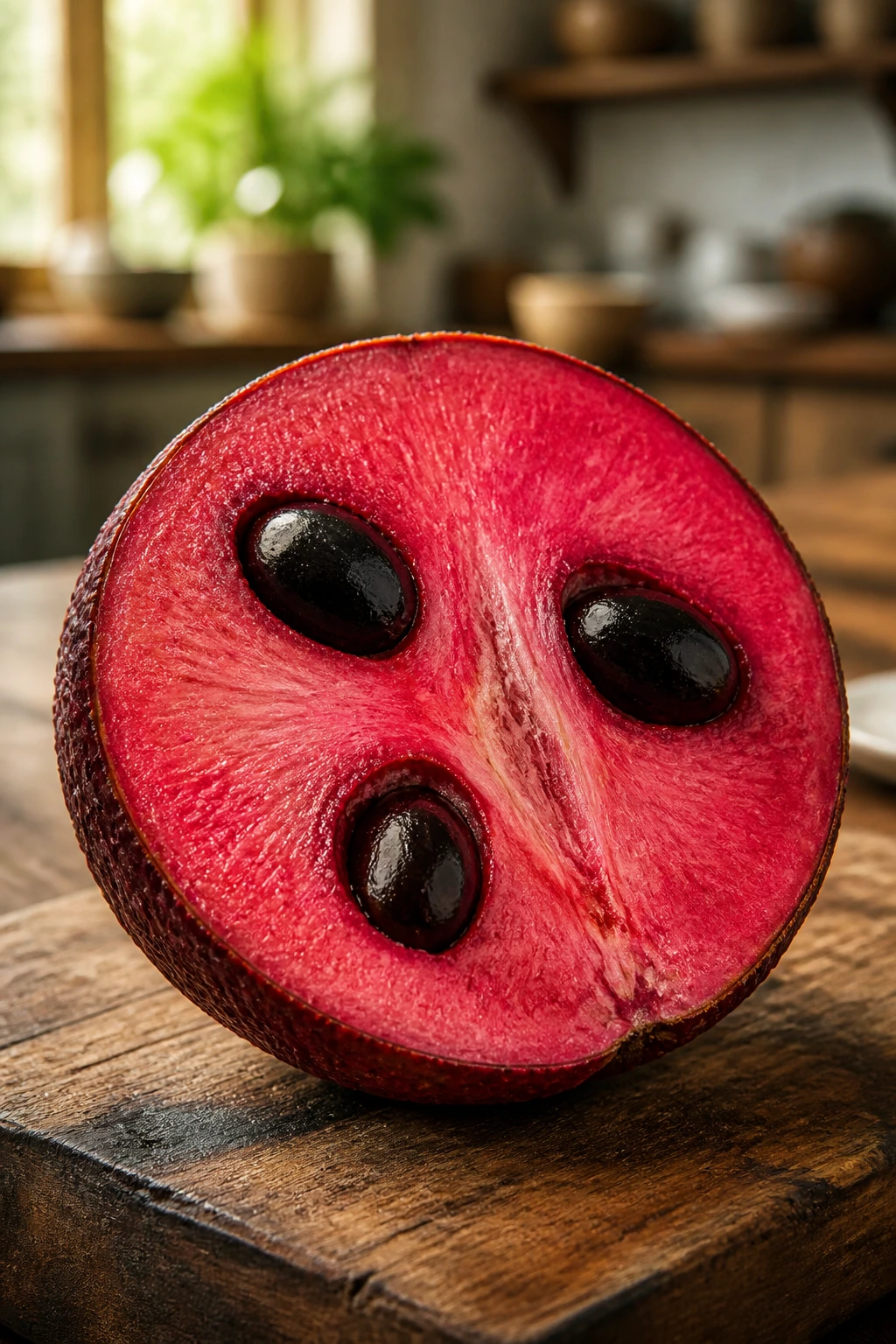 Close-up of Blood Fruit half showing bright red flesh on a wooden surface