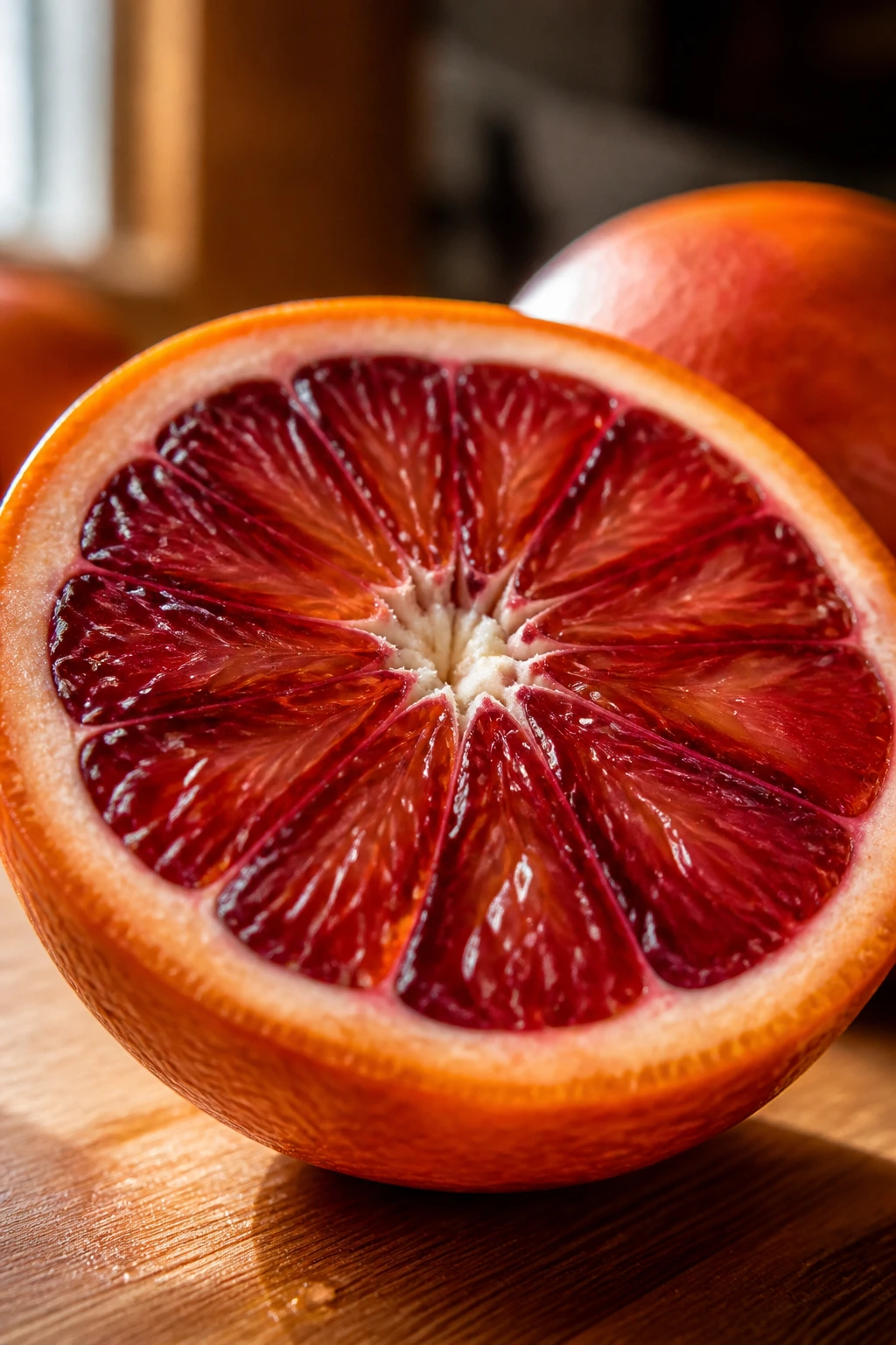 Close-up of a blood orange half showing red flesh against orange rind