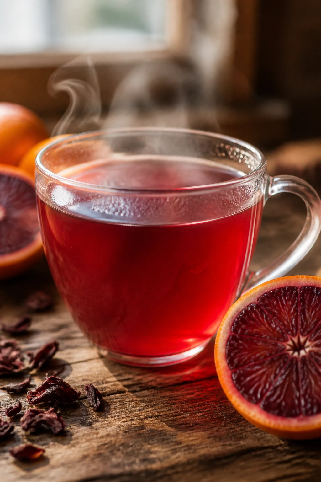 Close-up of a steaming glass cup of blood orange tea on a rustic wooden table