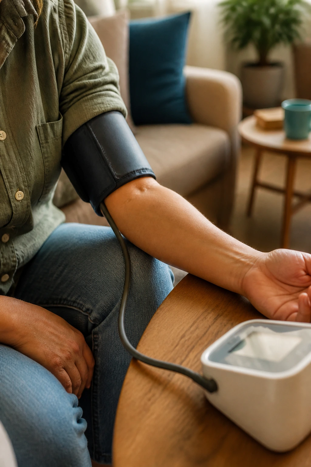 Forearm with a blood pressure cuff in a home setting