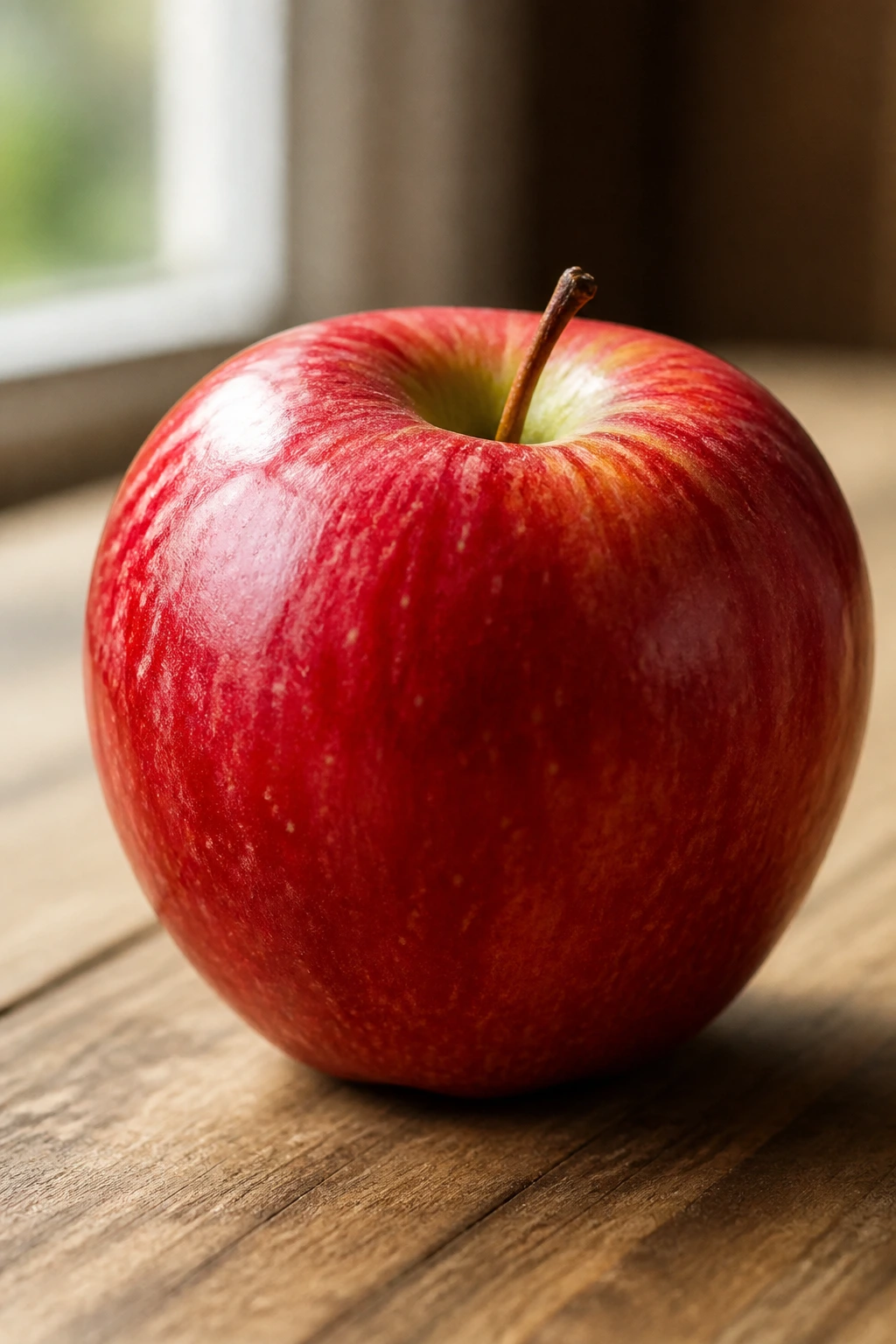 Close-up of an apple on wood with warm light, symbolizing steady blood sugar