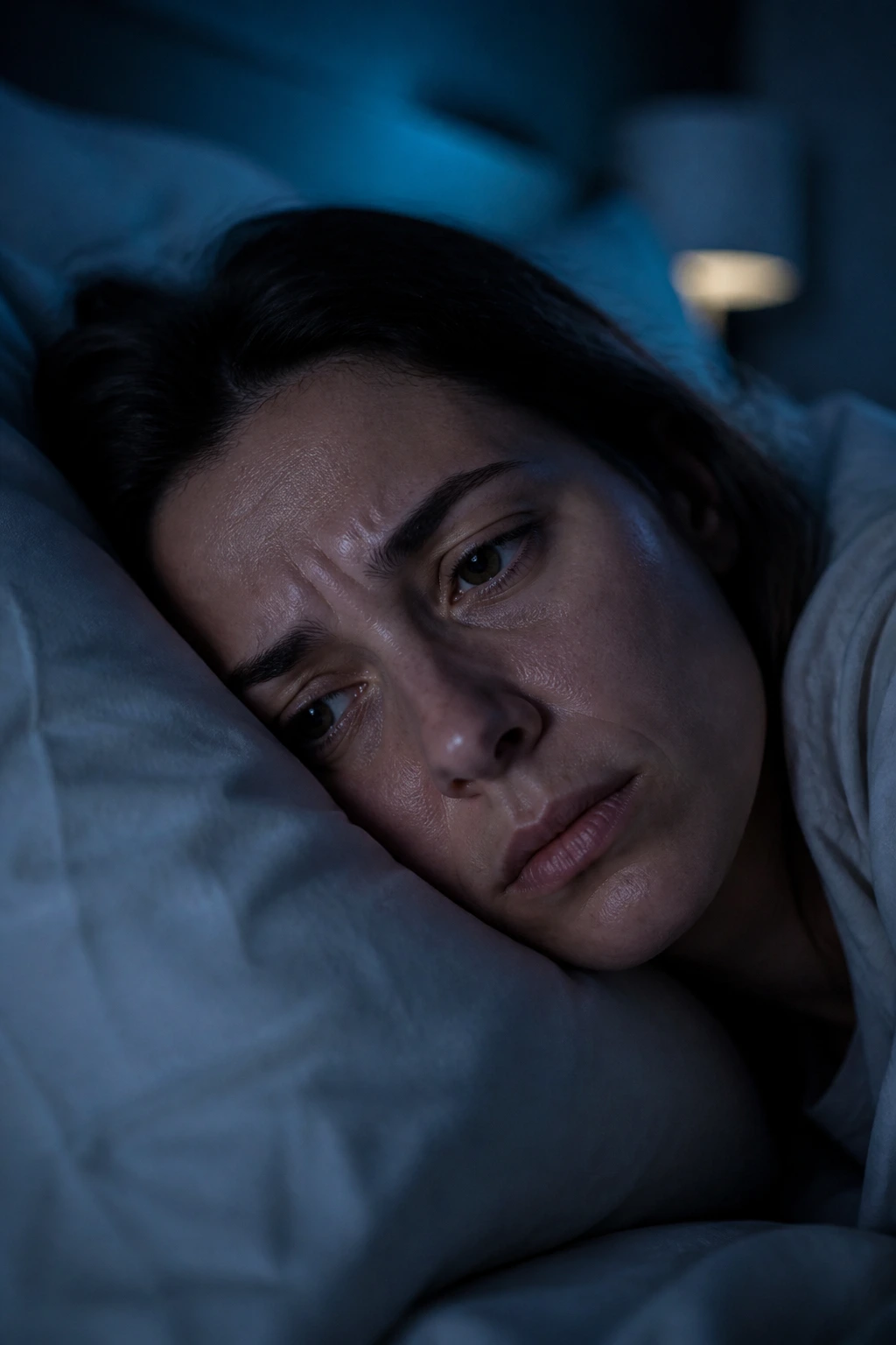 Close-up of a real person in bed looking unsettled at night