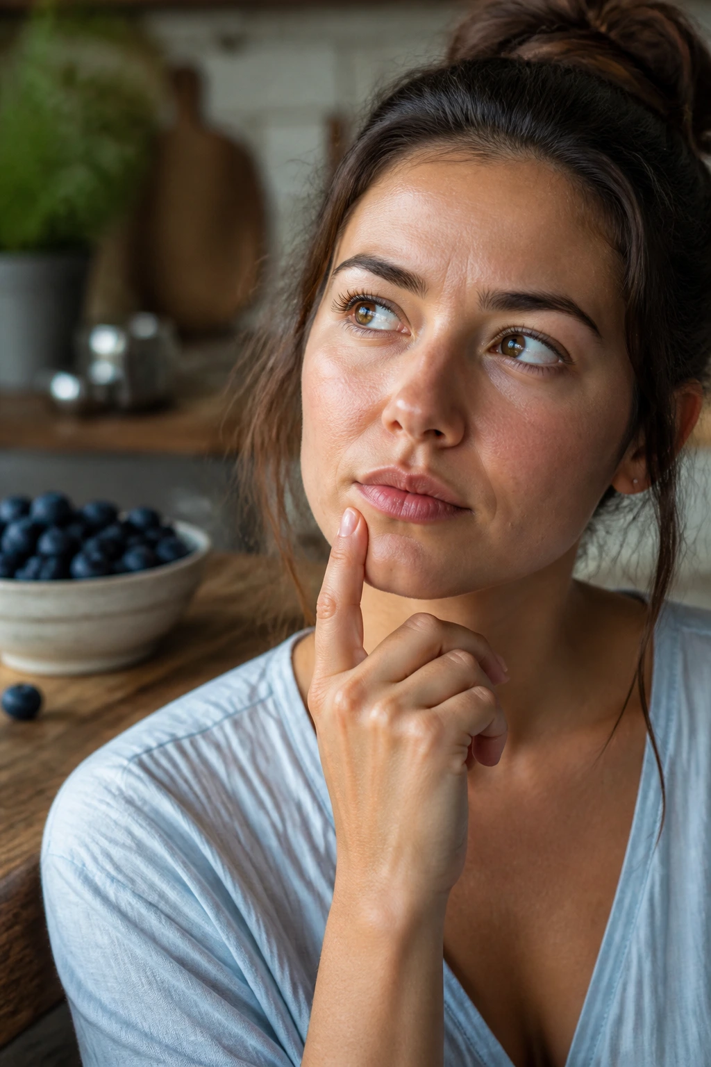 Banishing Breakouts: Are Blueberries Good For Acne? 7 Close-up portrait of a thoughtful person in a kitchen with blueberries in the background, illustrating FAQs about blueberries and acne